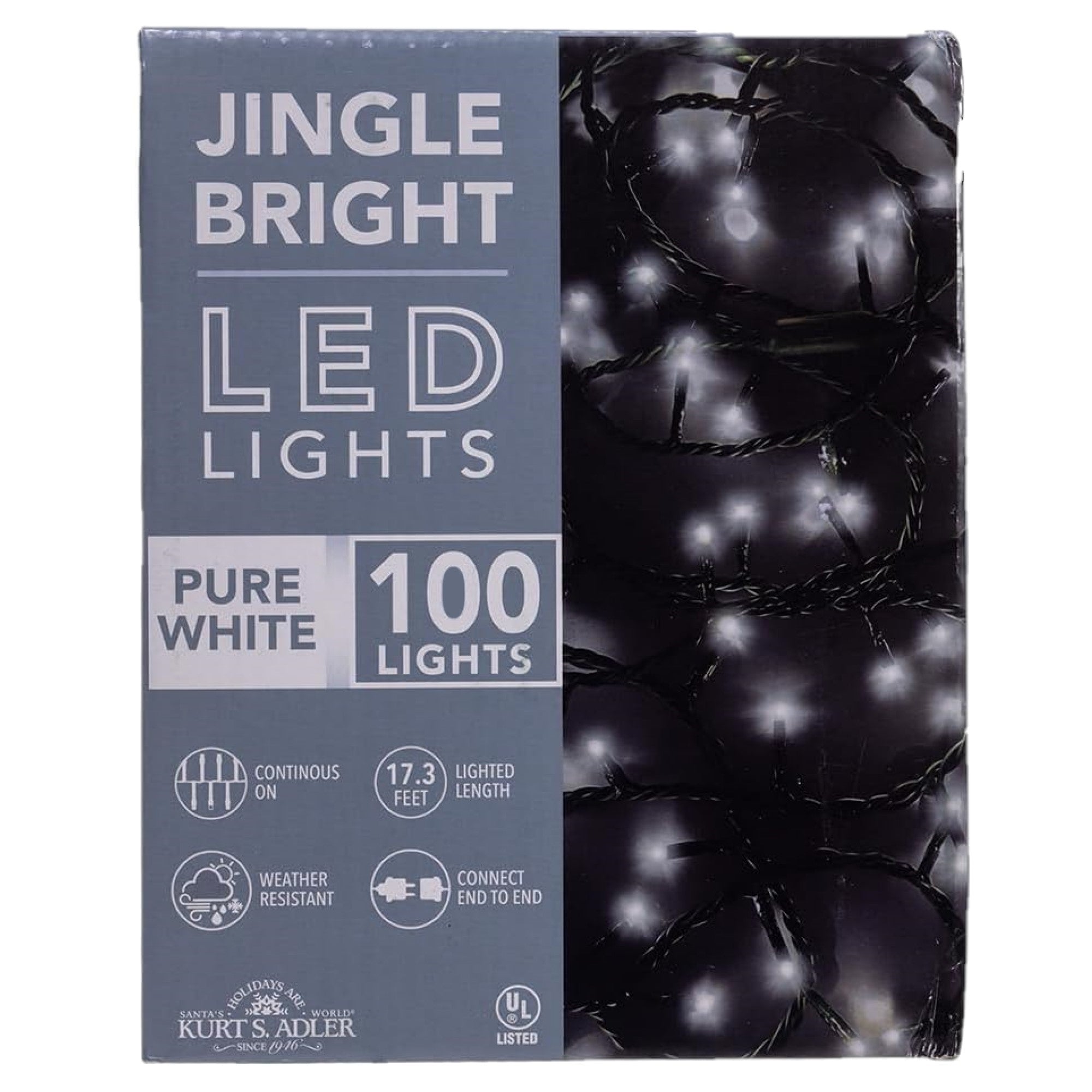 Kurt Adler Indoor/Outdoor Jingle Bright LED Light Set, 100 LED Lights on Green Wire, Pure White, 17ft