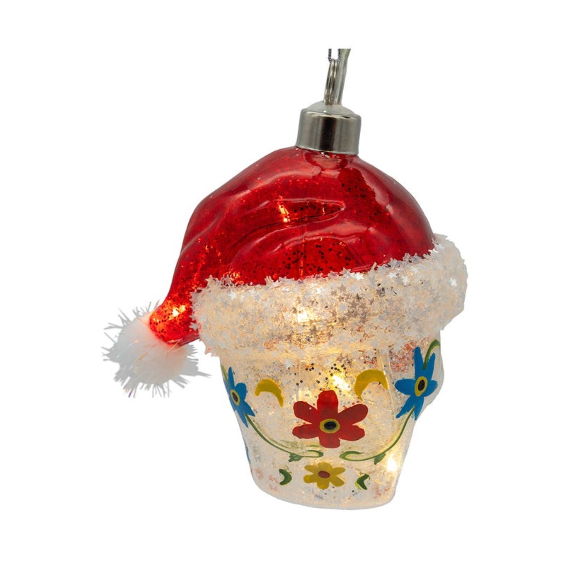 Kurt Adler Pre-lit Hanging Glass Ornament, Warm White LED's, USB-Powered Day of the Dead Skull with Santa Hat
