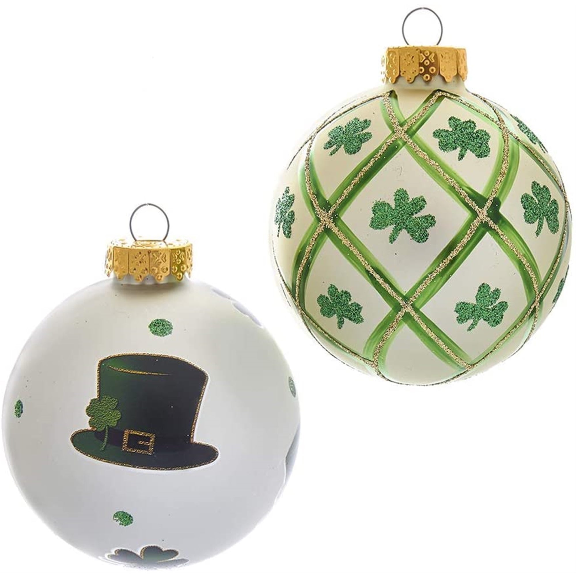 Kurt Adler Glass Ball Christmas Tree Ornament Set, Irish Design, Silver & Light Green 3" (6-Count)