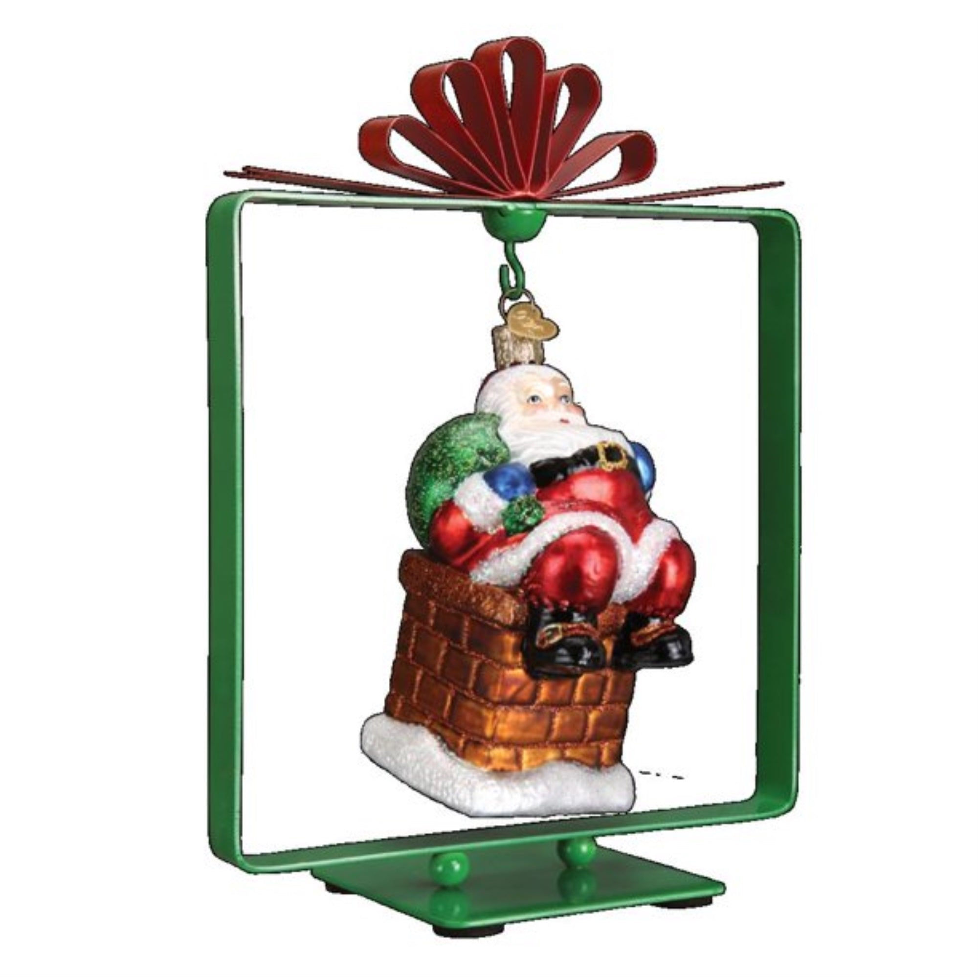 Old World Christmas Metal Single Ornament Stand Display, Square Gift Shape with Bow, Green