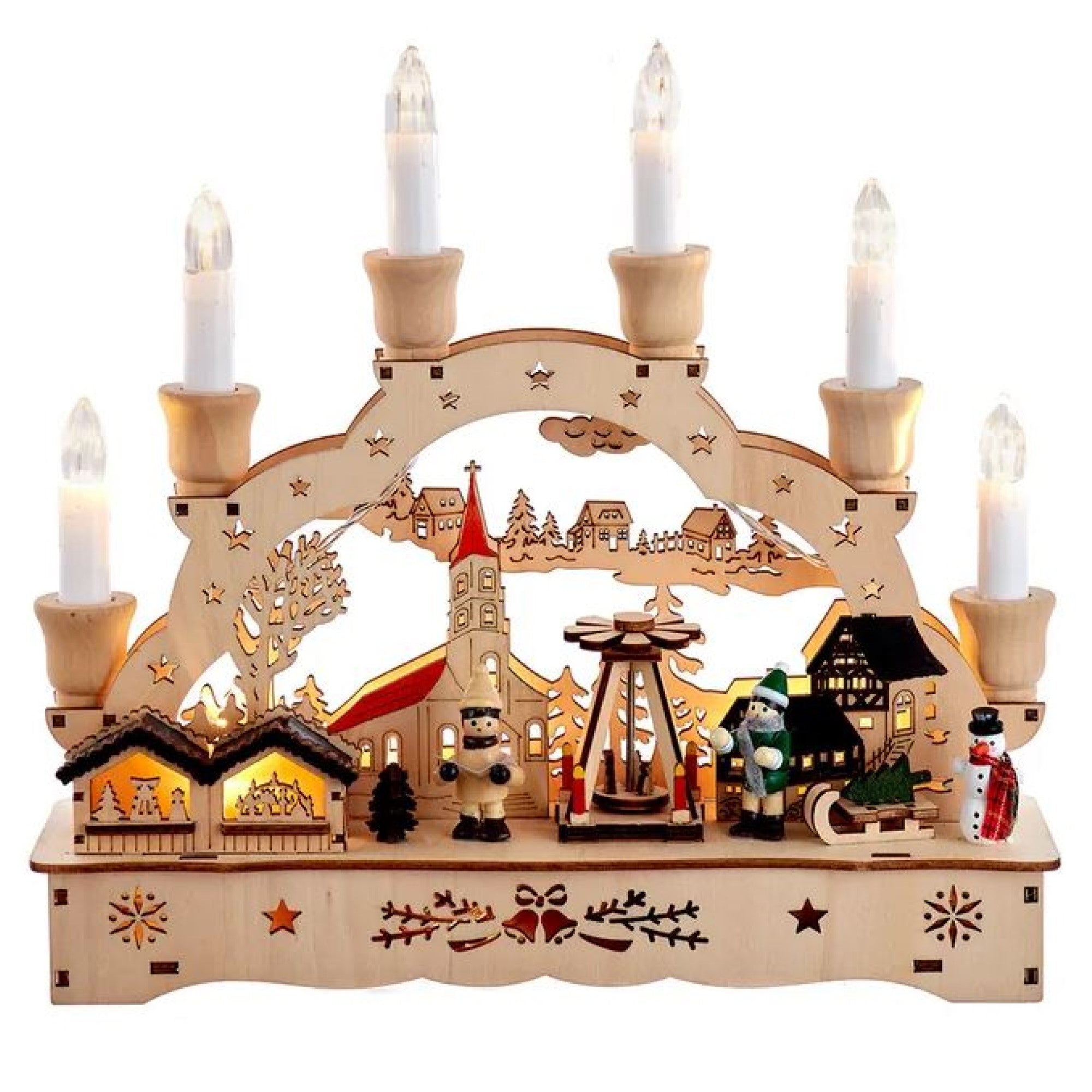 Kurt Adler Wooden LED Light-Up Musical/Motion Christmas Village with Candles, 10.25in