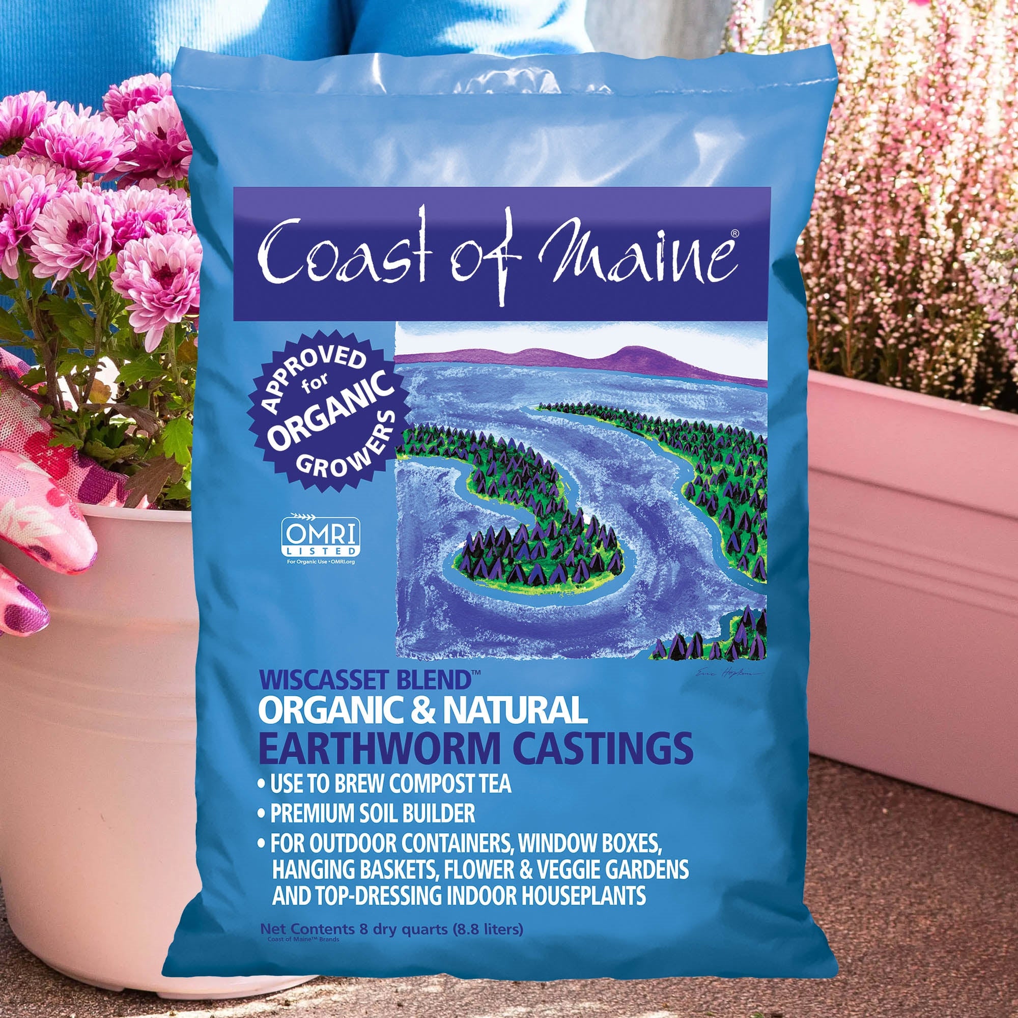 Coast of Maine OMRI Listed Wiscasset Blend Earthworm Castings Compost Potting Soil Blend for Container Gardens and Flower Pots, 8 Quart