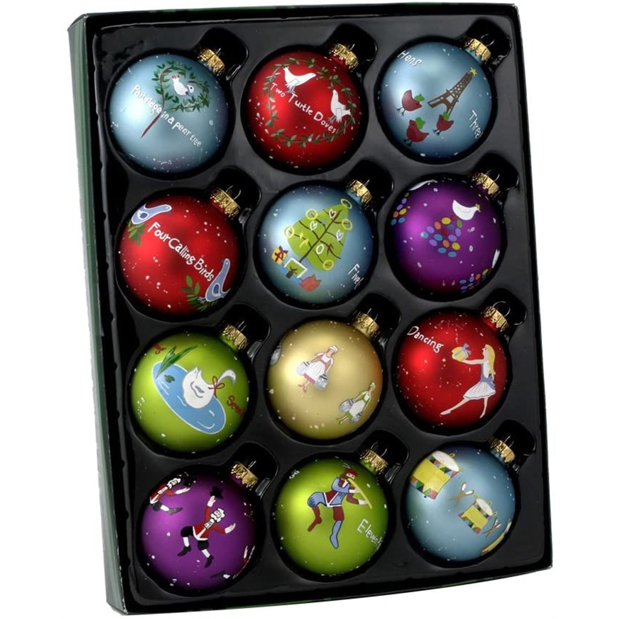 Kurt Adler Glass Ball Christmas Tree Ornament Set, 12 Days of Christmas, 2.5" (12-Count)