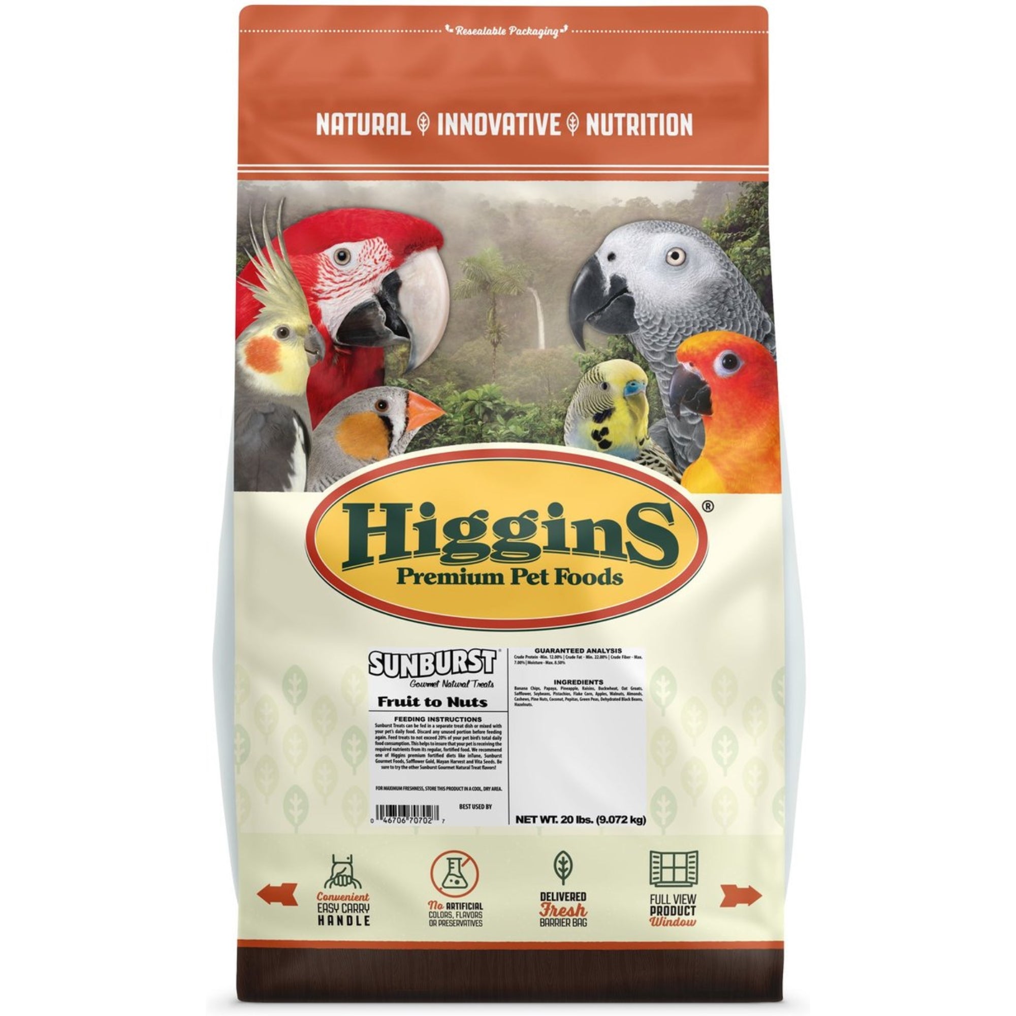 Higgins Sunburst Gourmet Bird Treats, Fruit to Nuts for Conures, Parrots, and Macaws, 20lbs