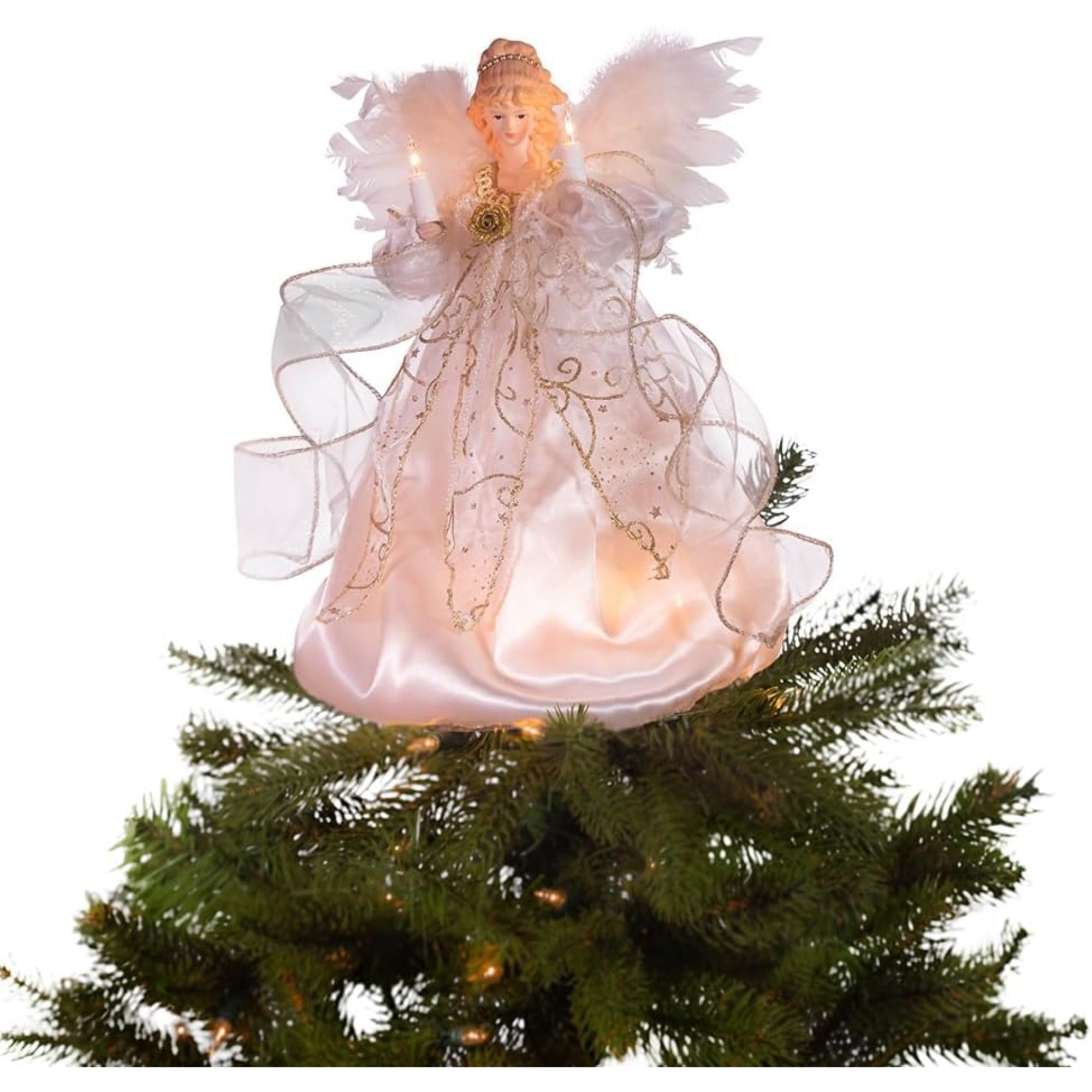 Kurt Adler Ivory and Gold Illuminated Angel Christmas Treetop, 12in