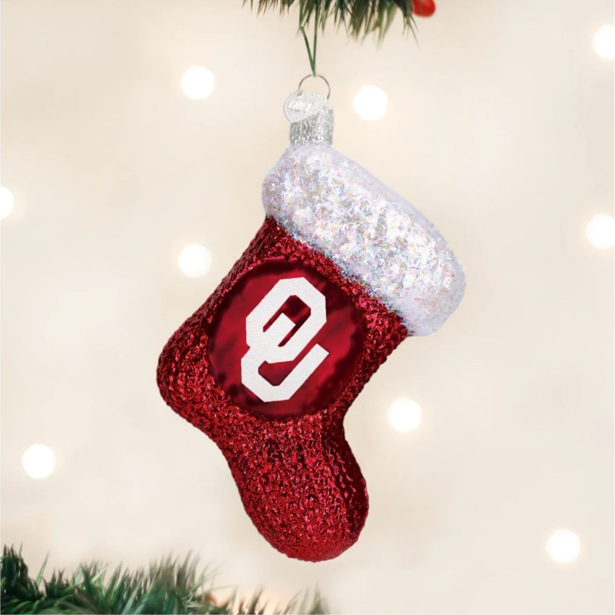 Old World Christmas Blown Glass Ornament for Christmas Tree, Oklahoma Sooners Stocking