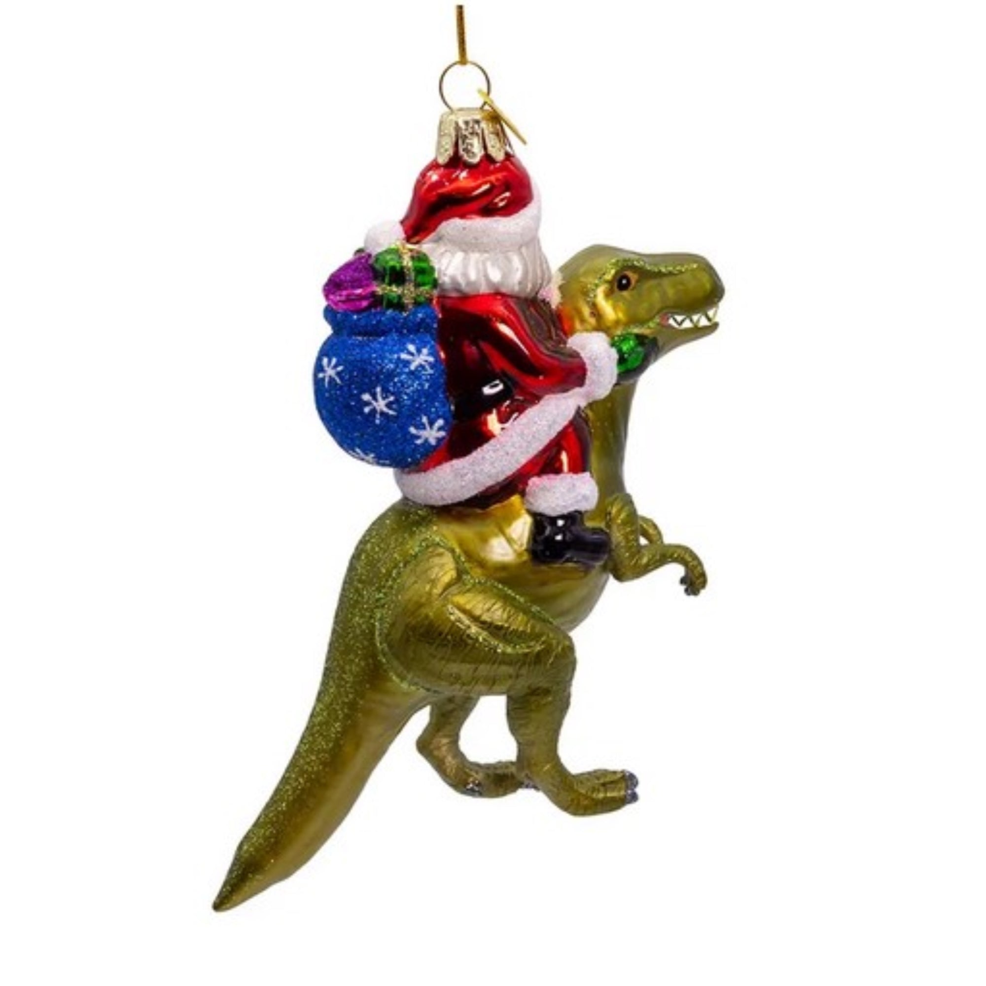 Kurt Adler Nobel Gems Collection Glass Christmas Ornament, Santa on Dinosaur