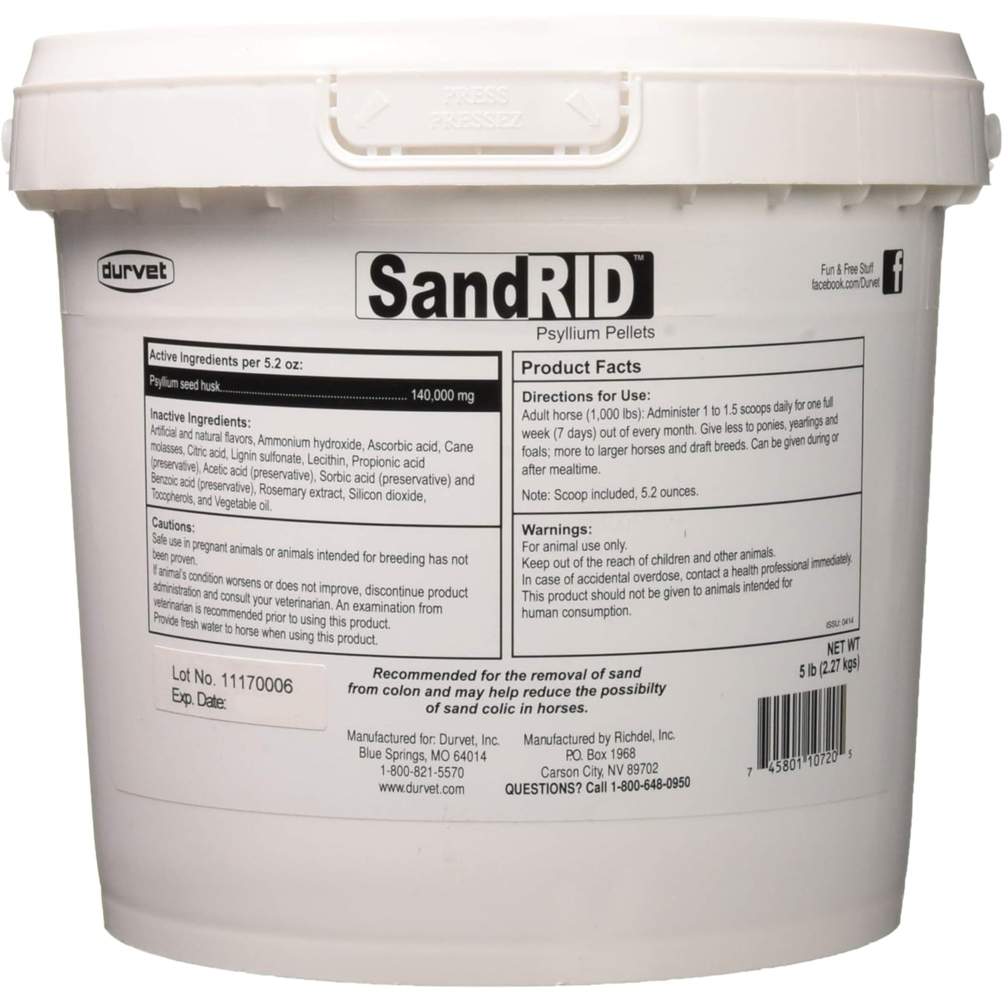 Durvet SandRID Psyllium Pellets for Horses, Apple Flavored, 5lb Pail