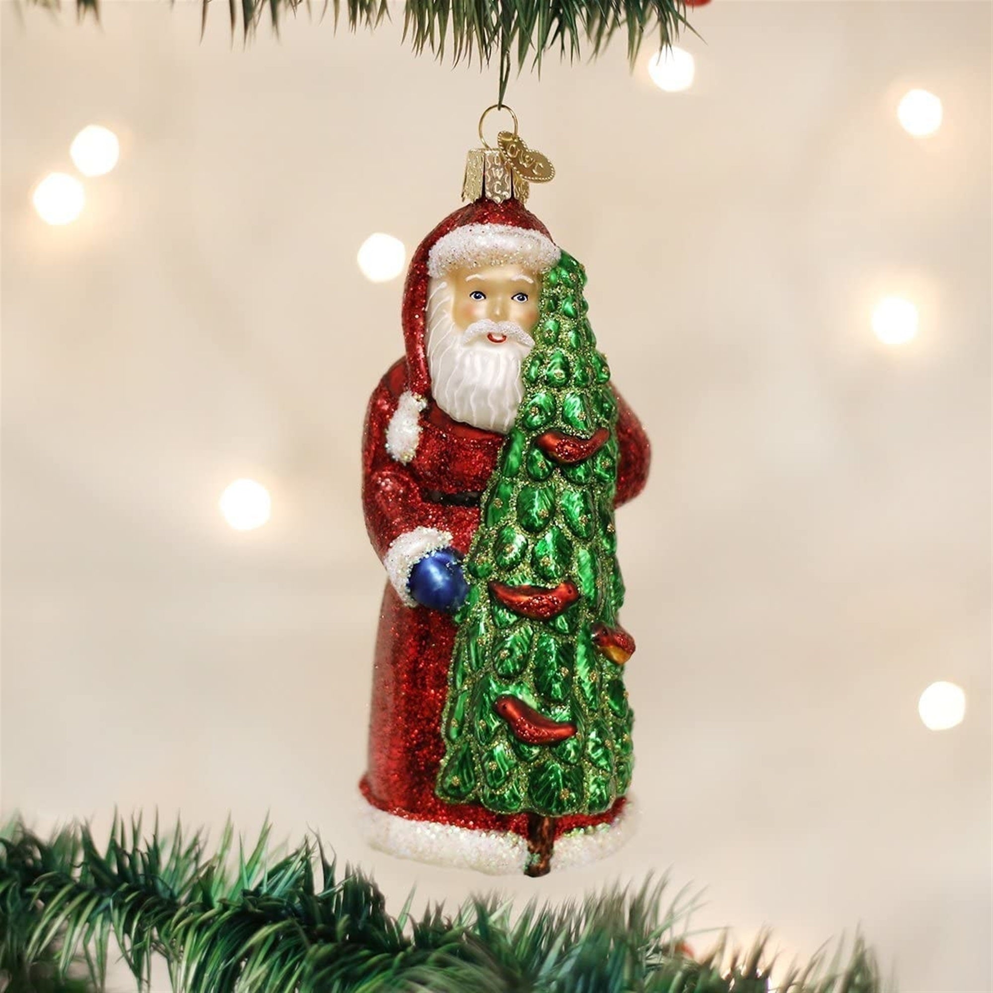 Old World Christmas Blown Glass Ornament for Christmas Tree, Santa with Calling Birds