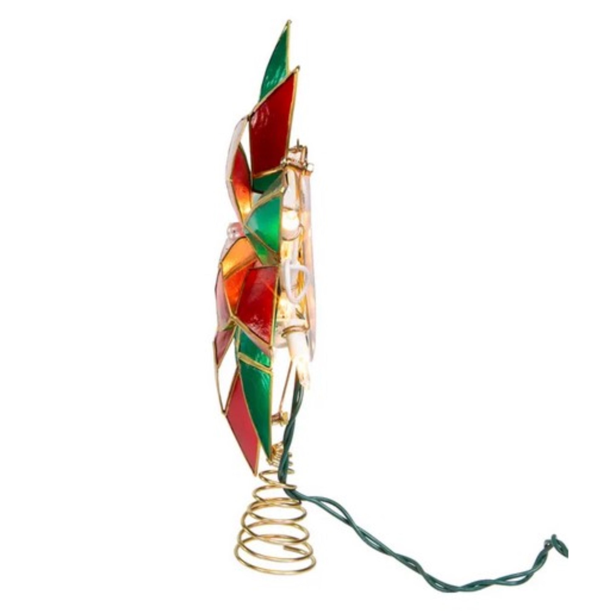 Kurt Adler 10-Point Illuminated Multi-Point Capiz Shell Poinsettia for Indoor Christmas Treetop, 10 Warm White Incandescent Lights, Red and Green, 9.5"