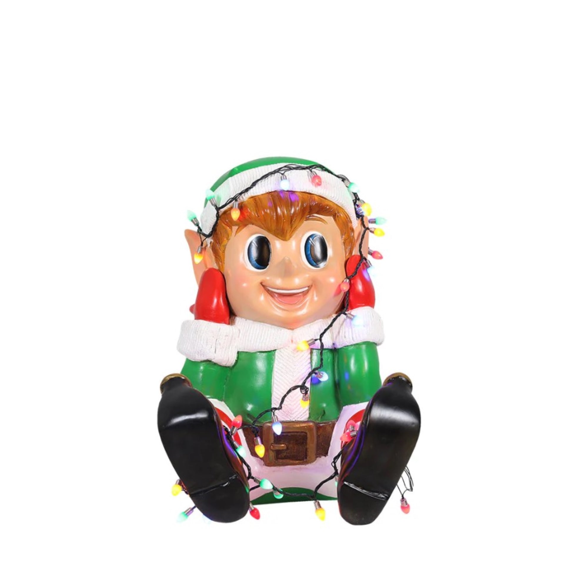 Garden Elements Fiberglass Elf Boy Playing With Lights Christmas Statue Decor, 24in