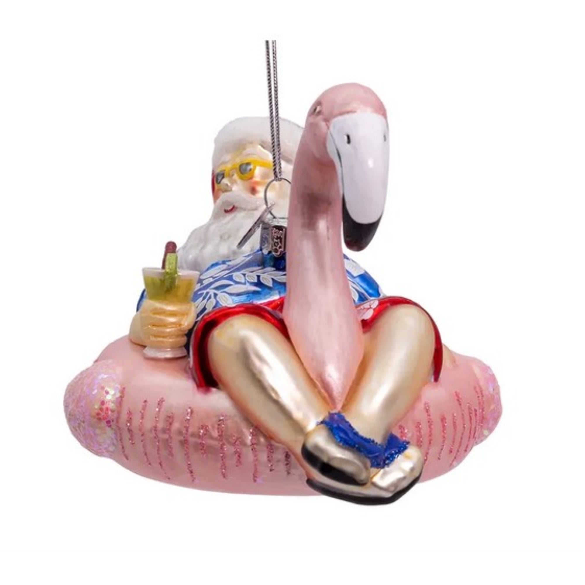 Kurt Adler Nobel Gems Glass Christmas Ornament, Santa in Flamingo Pool Float