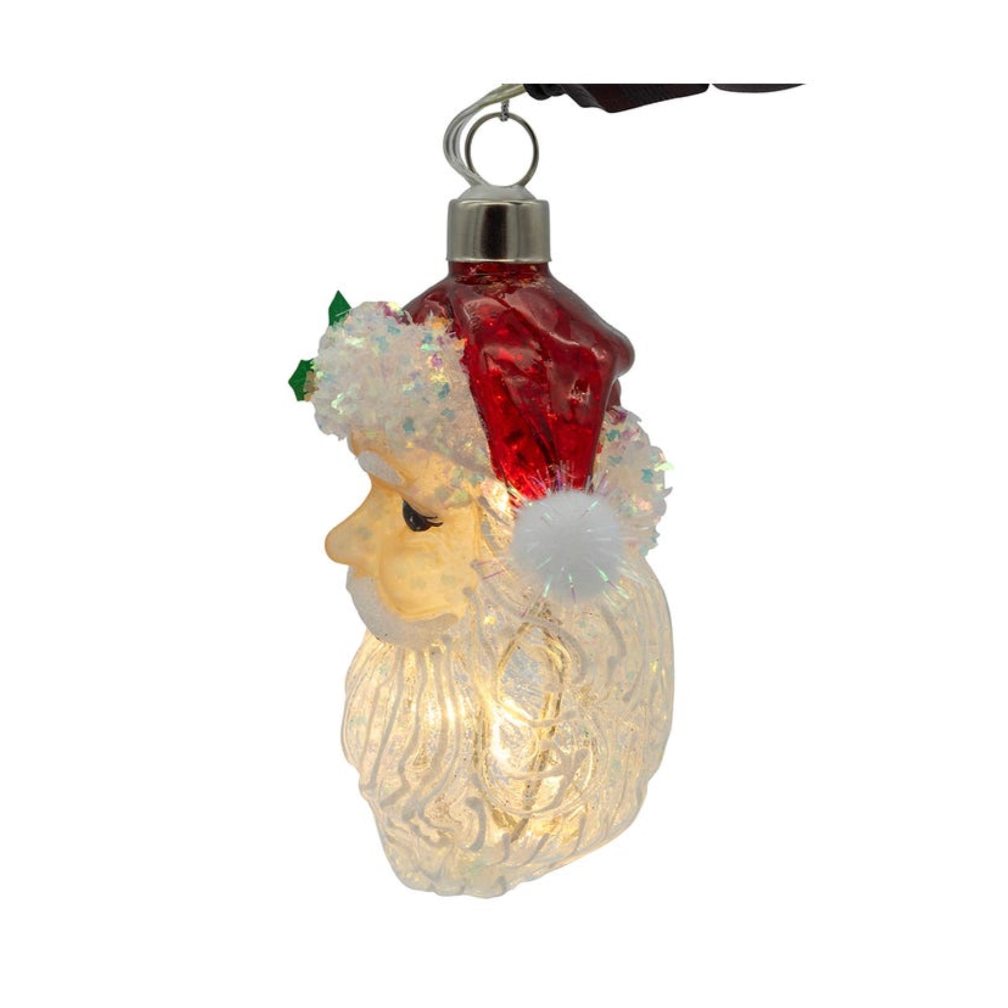 Kurt Adler Pre-lit Hanging Glass Ornament, Warm White LED's, USB-Powered Santa Head