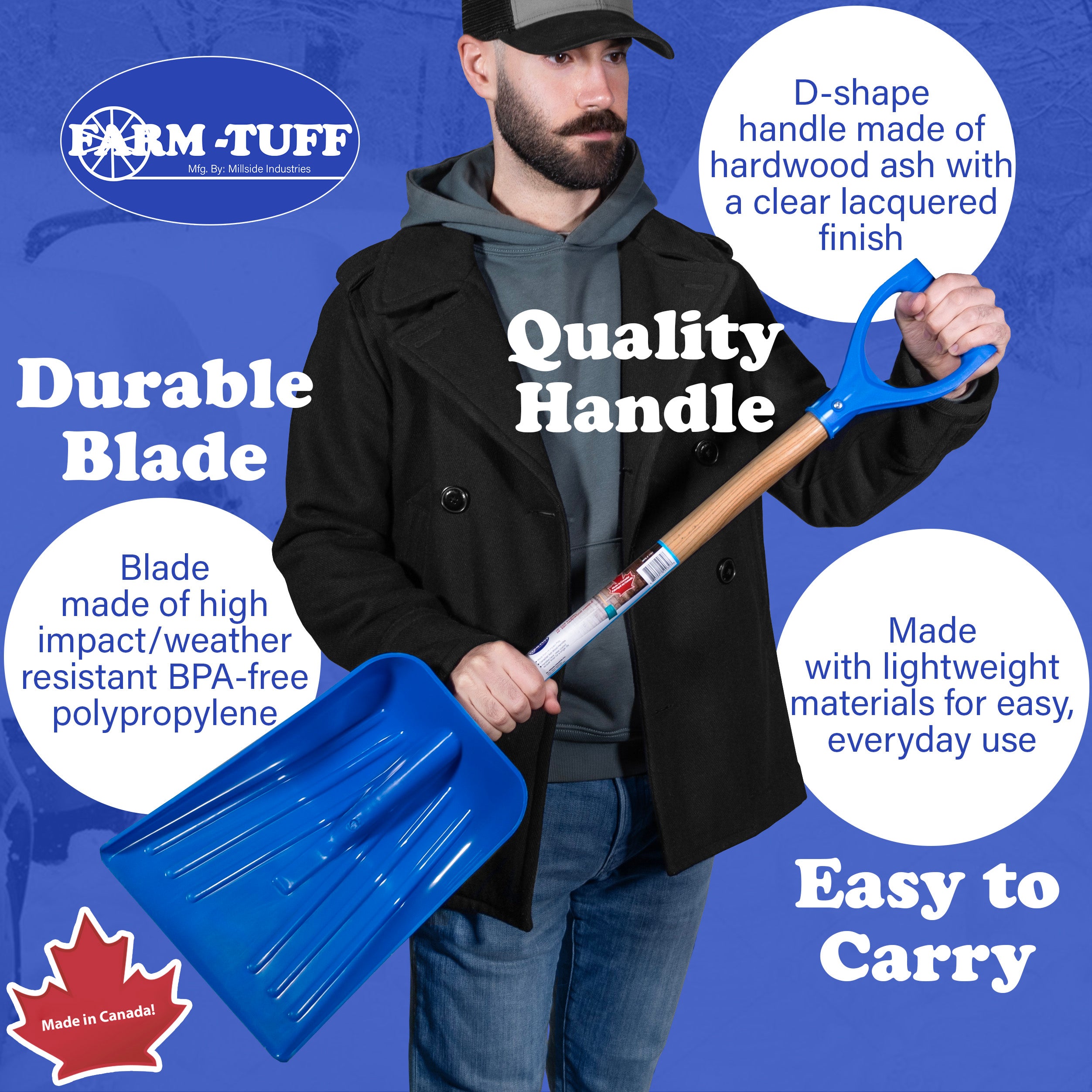 FARM-TUFF Durable Car and Trunk Multipurpose Shovel with Ash Hardwood Handle and Non Stick Plastic Blade, Blue, 10in