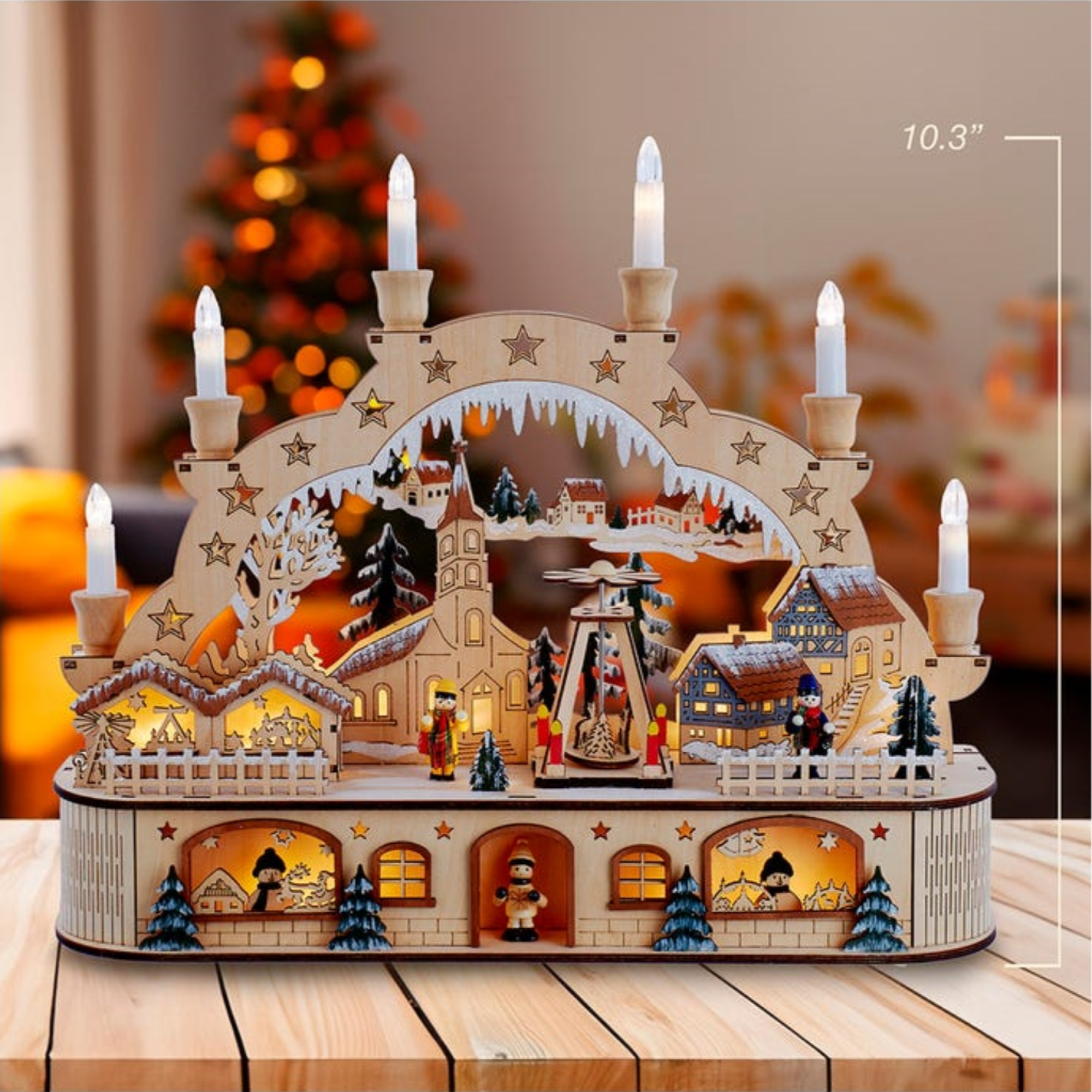 Kurt Adler Wooden LED Light-Up Musical/Motion Santa Christmas Village with Candles, 10.25in