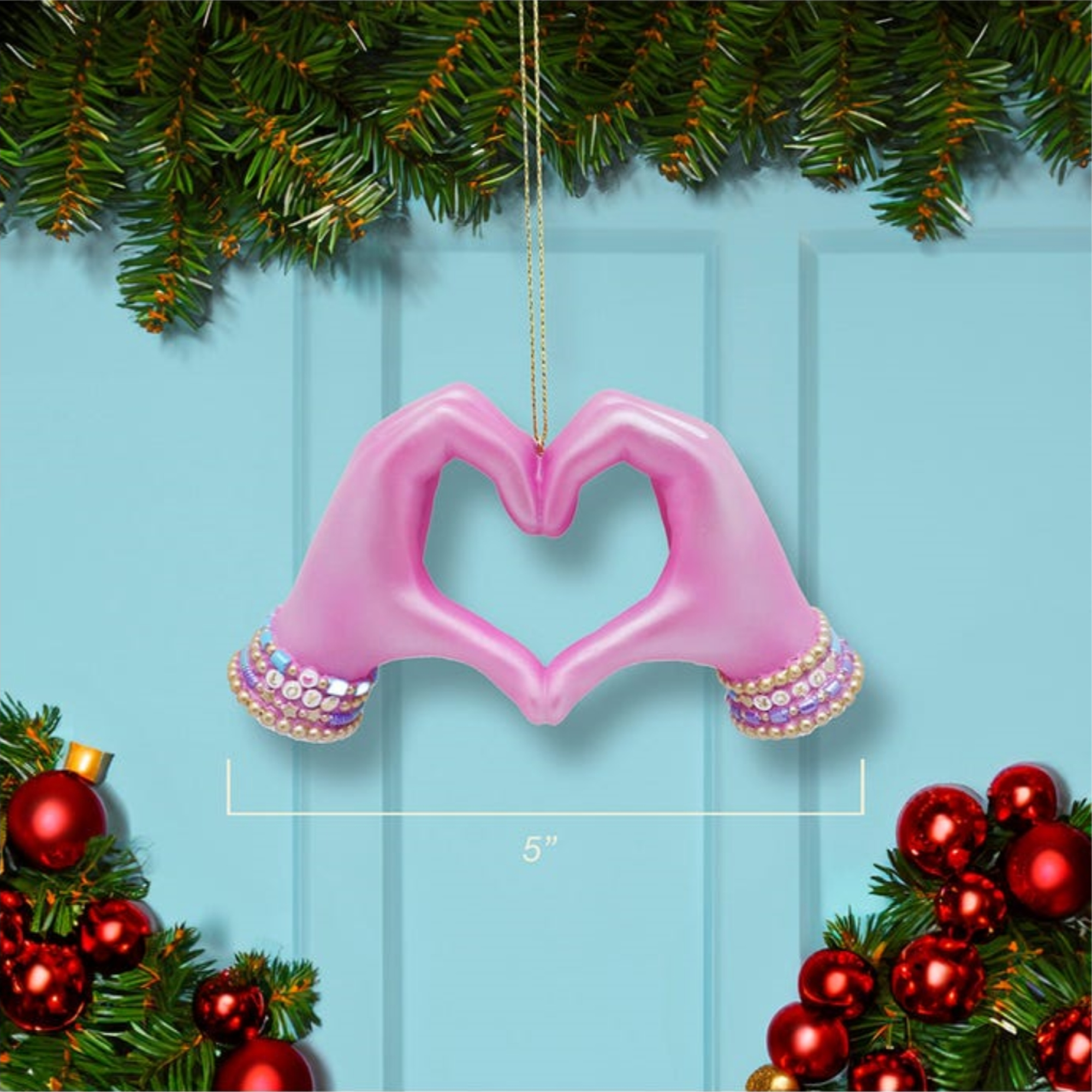 Kurt Adler Hanging Resin Christmas Tree Ornament, Pink Electroplated Heart Hands, 5"