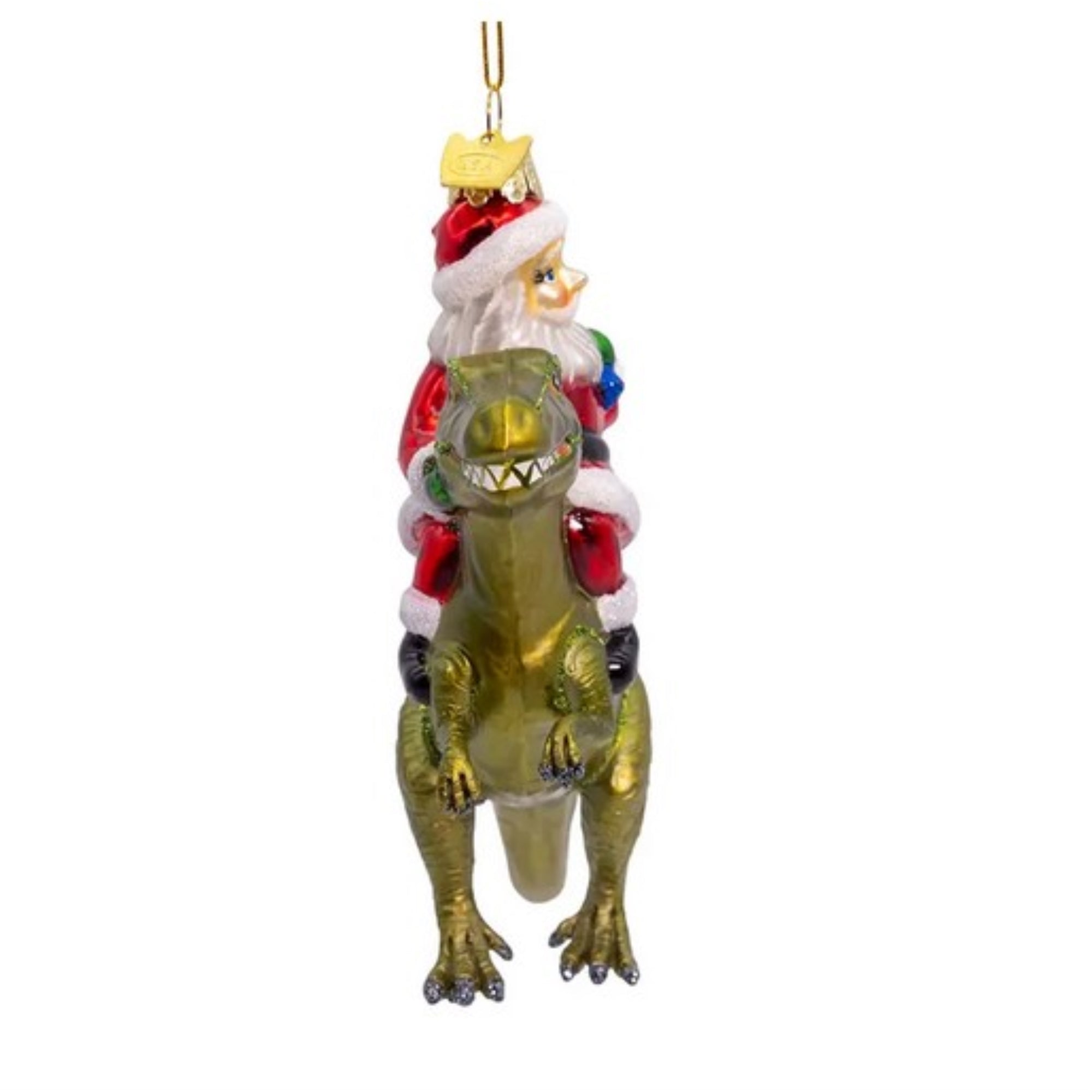 Kurt Adler Nobel Gems Collection Glass Christmas Ornament, Santa on Dinosaur