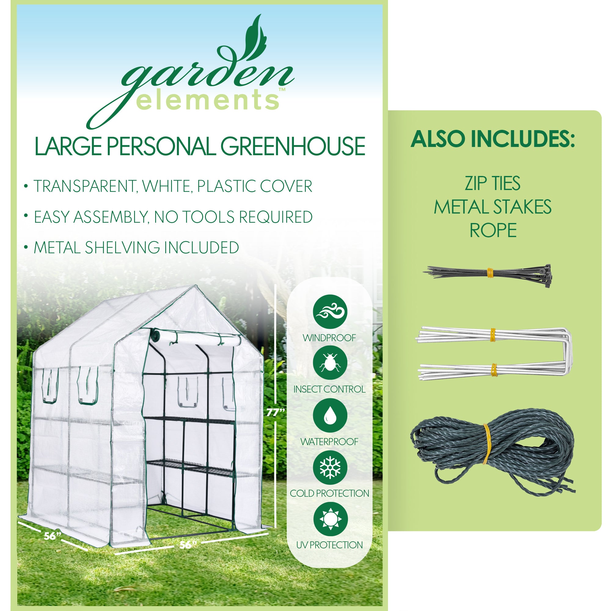 Garden Elements Personal Plastic Indoor/Outdoor Standing Greenhouse for Seed Starting and Propagation, Frost Protection, Vented, White, Large, 56" x 56" x 77"