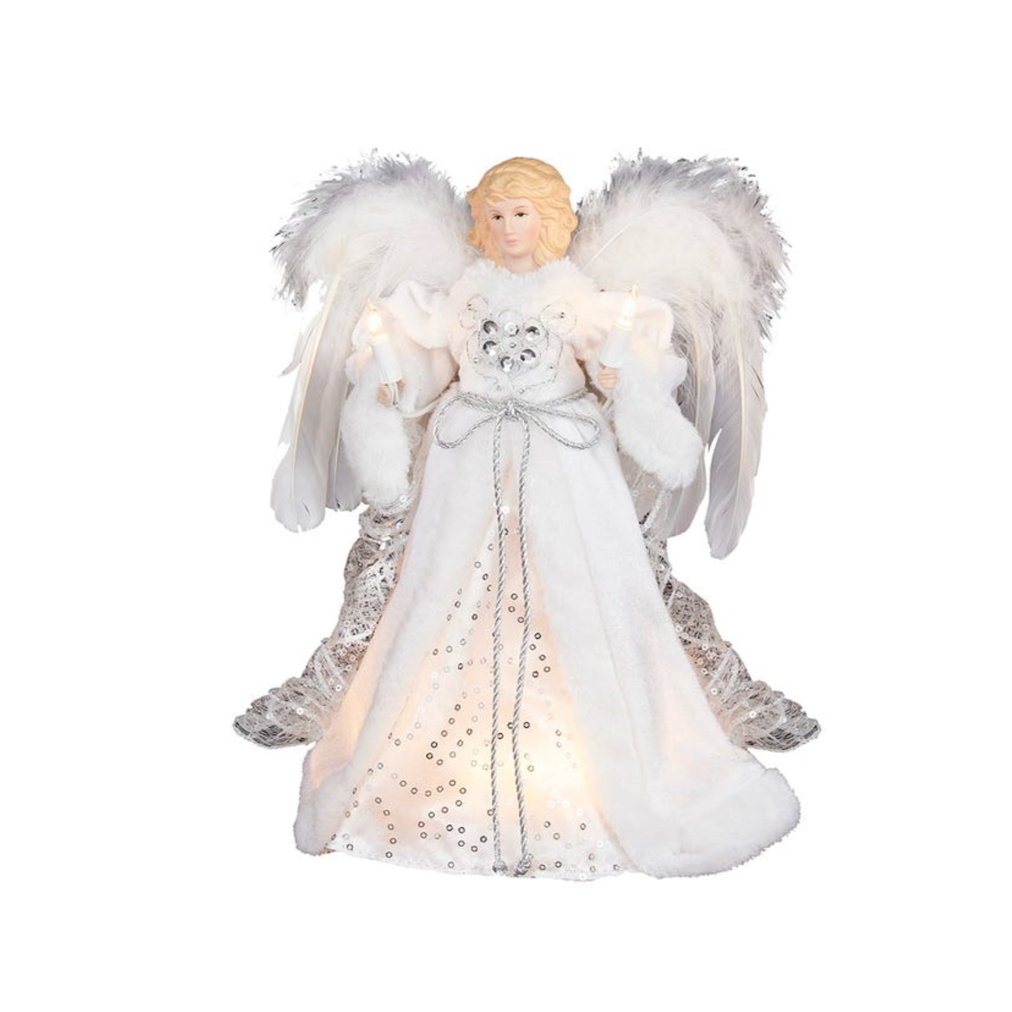 Kurt Adler 10-Light Angel Tree Topper, White and Silver, 12"