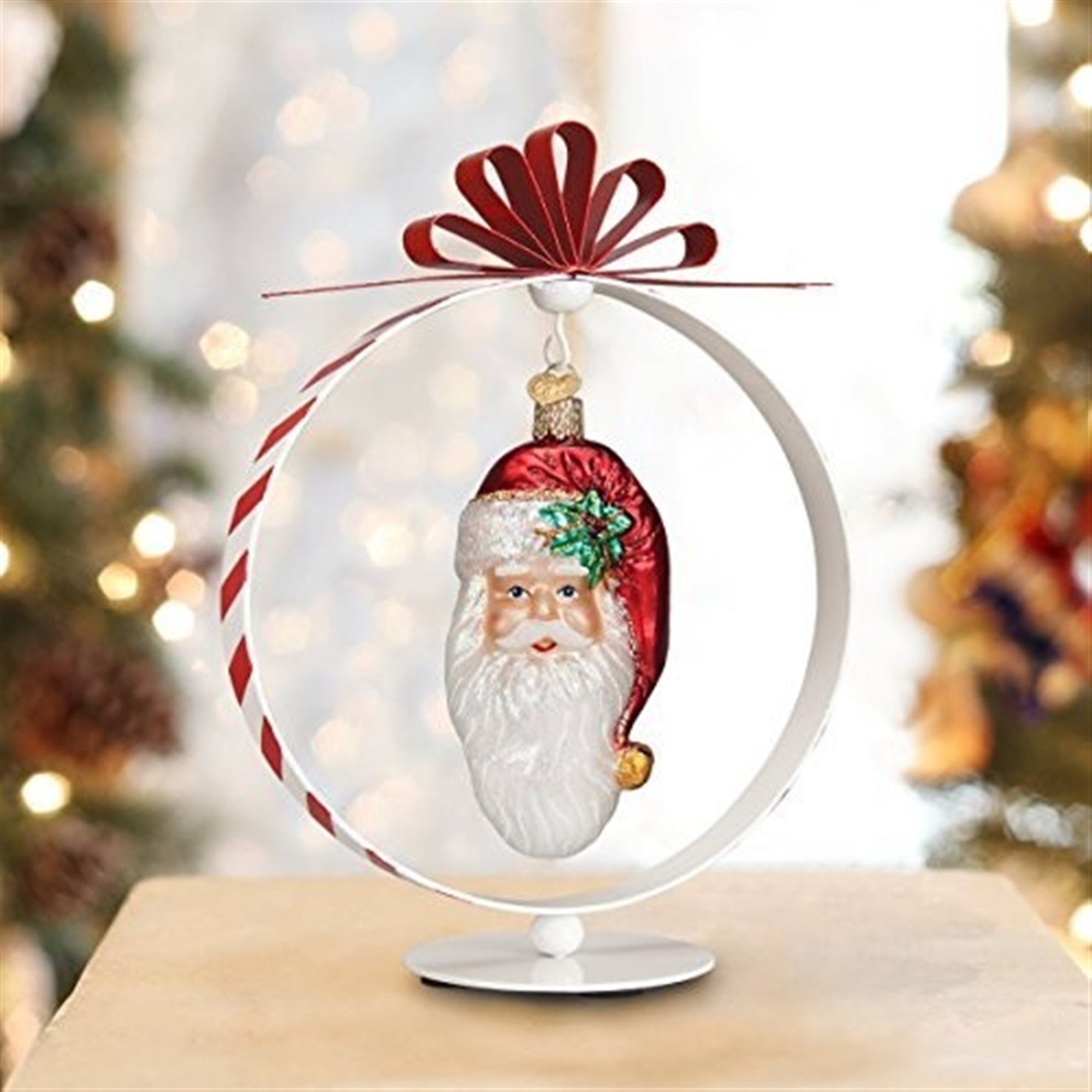 Old World Christmas Metal Single Ornament Stand Display, Round with Top Bow, White and Red