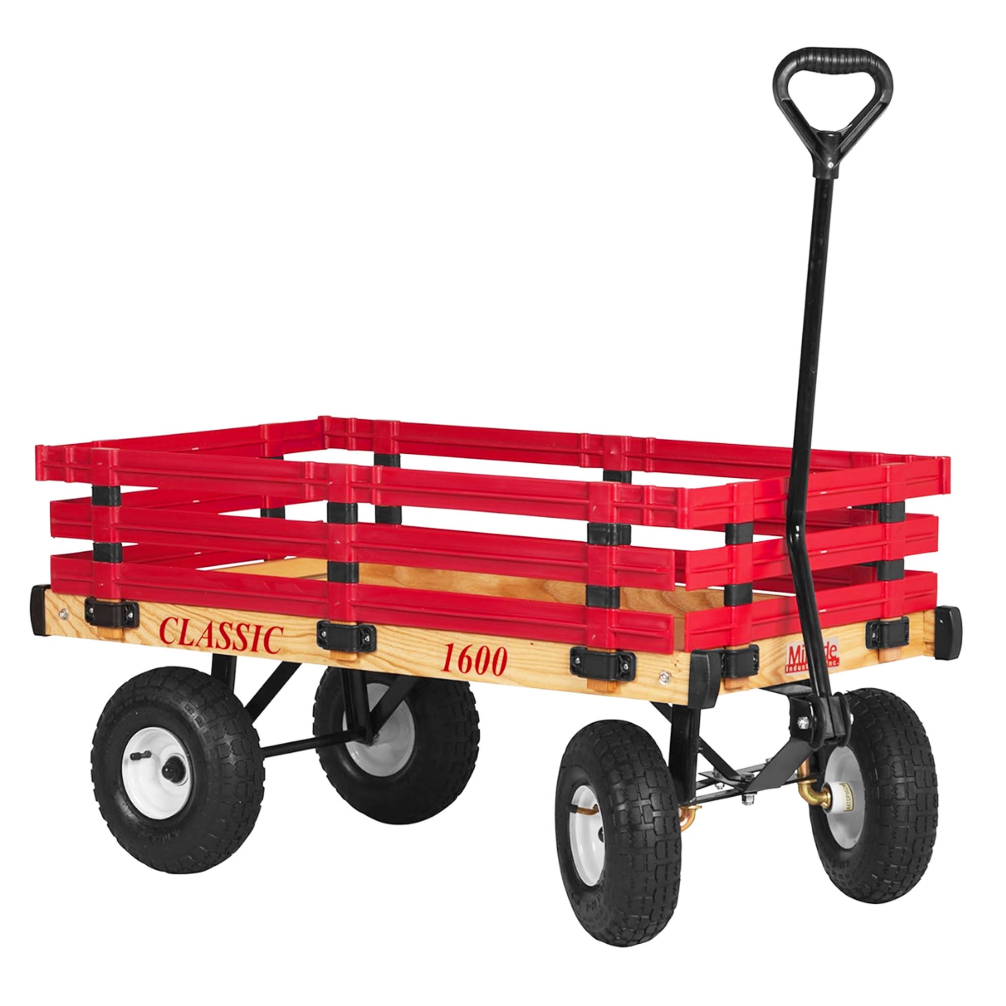 Millside Industries Classic Wood Wagon Cart with Removable Plastic Side Racks and Pneumatic Tires for Outdoor Hauling, Red, 20" x 38"