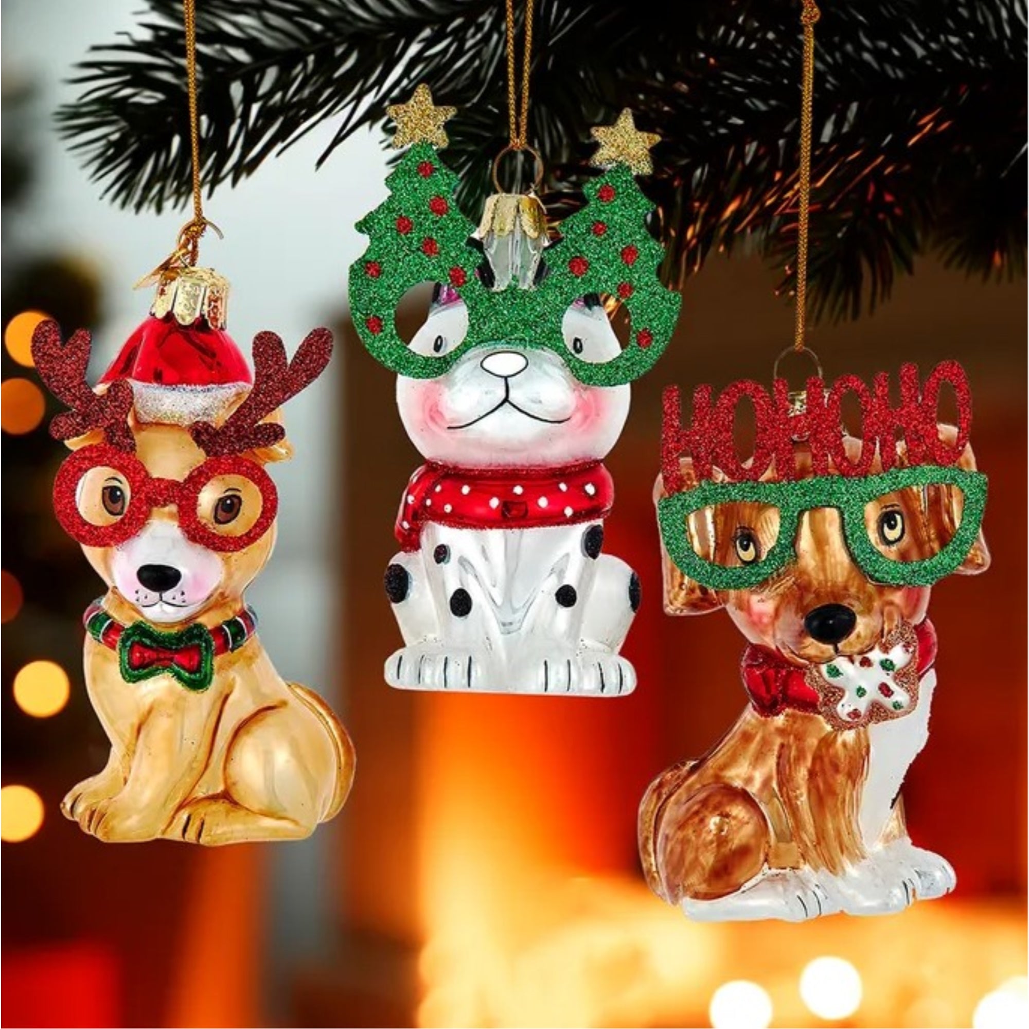 Kurt Adler Noble Gems Glass Dog Christmas Ornaments, Assorted (Pack of 3)