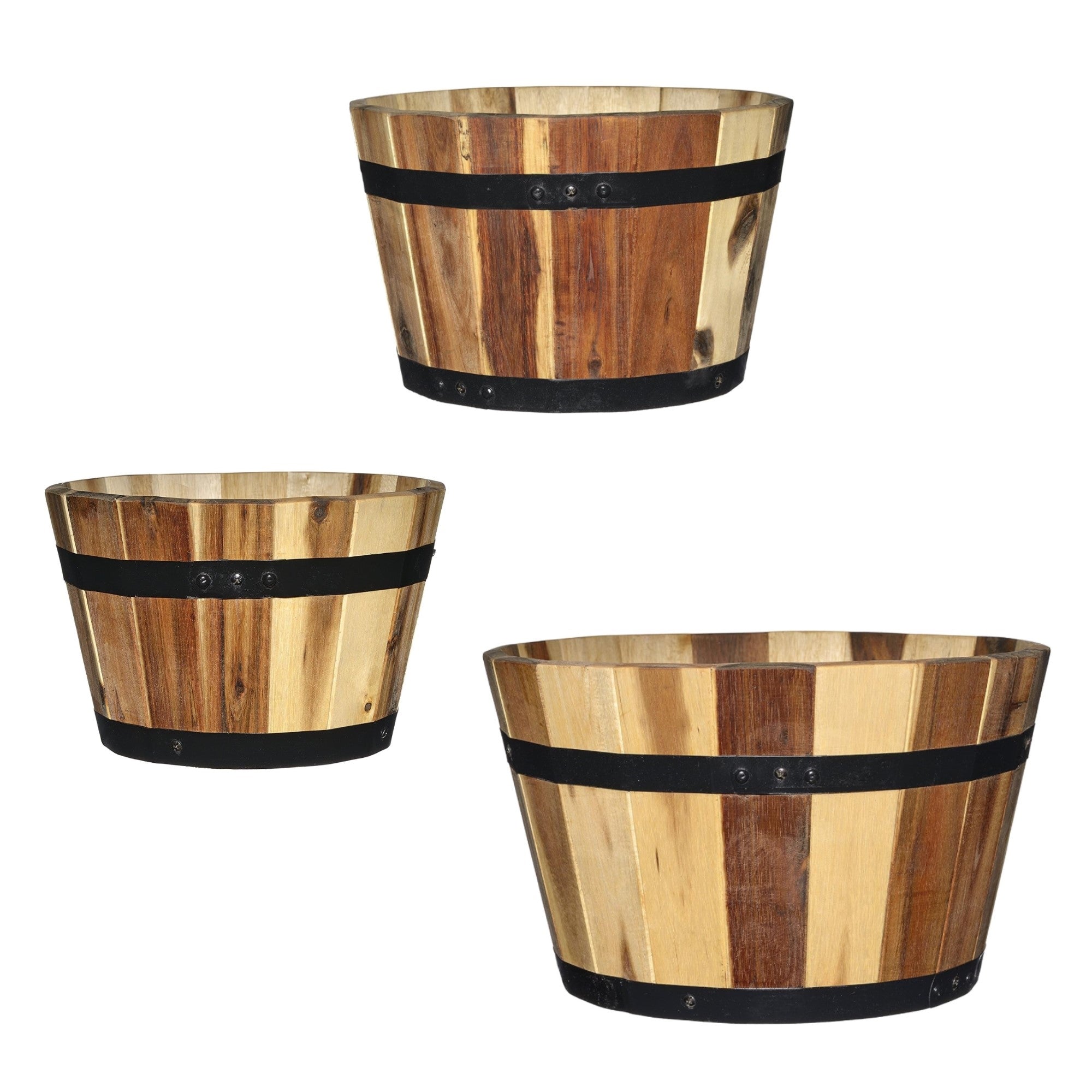 Classic Home and Garden Acacia Wood Whiskey Barrel Planters with Black Metal Band, Assorted Sizes (Set of 3)