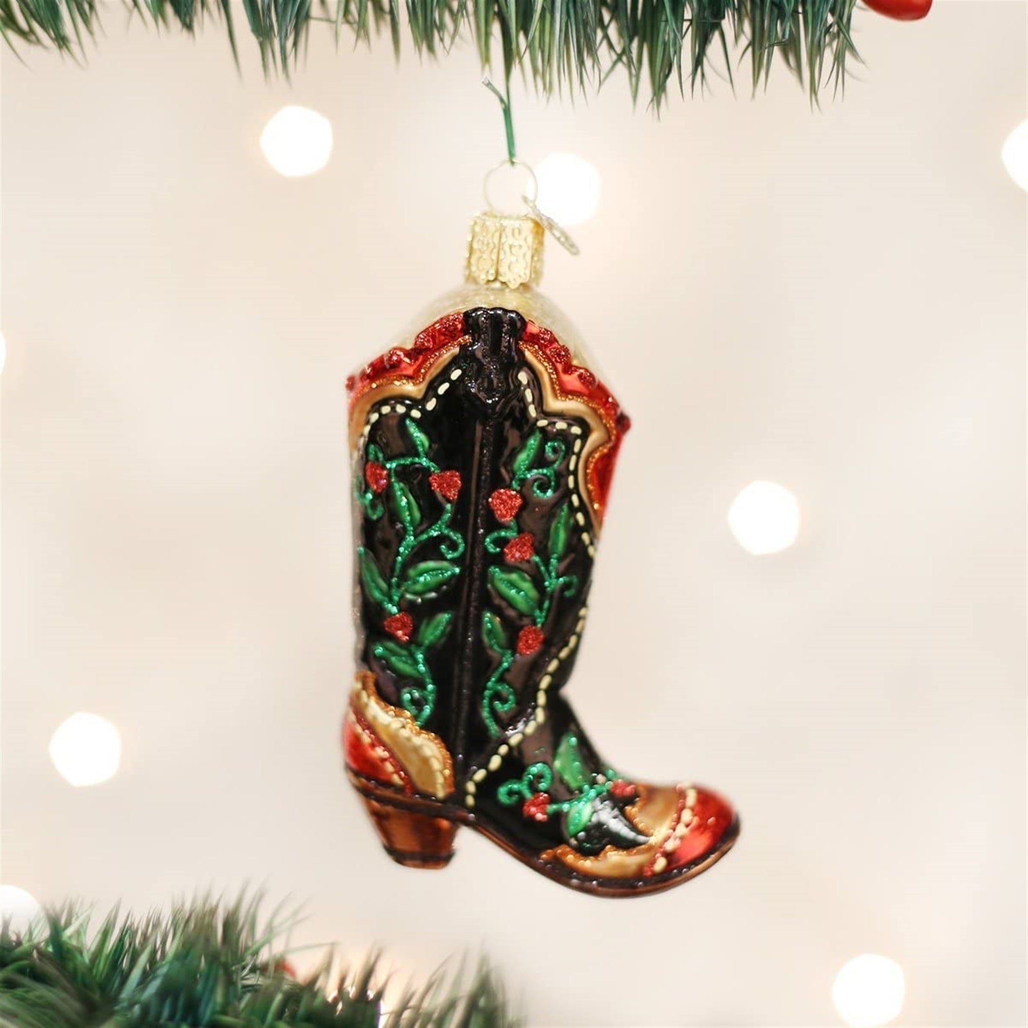 Old World Christmas Blown Glass Ornament for Christmas Tree, Holly Berry Cowboy Boot