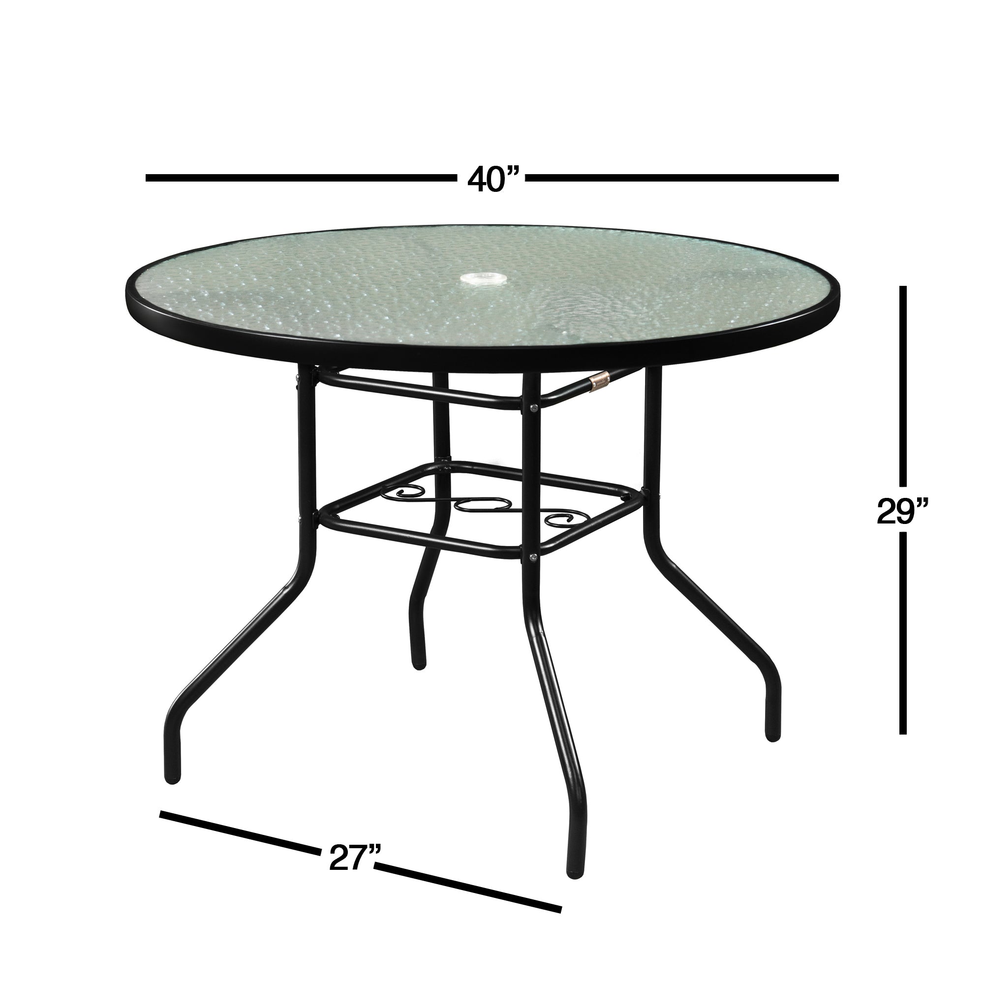 Garden Elements Outdoor Round Patio Dining Table, Steel Base and Rim with Waterwave Glass Top, Black, 40"