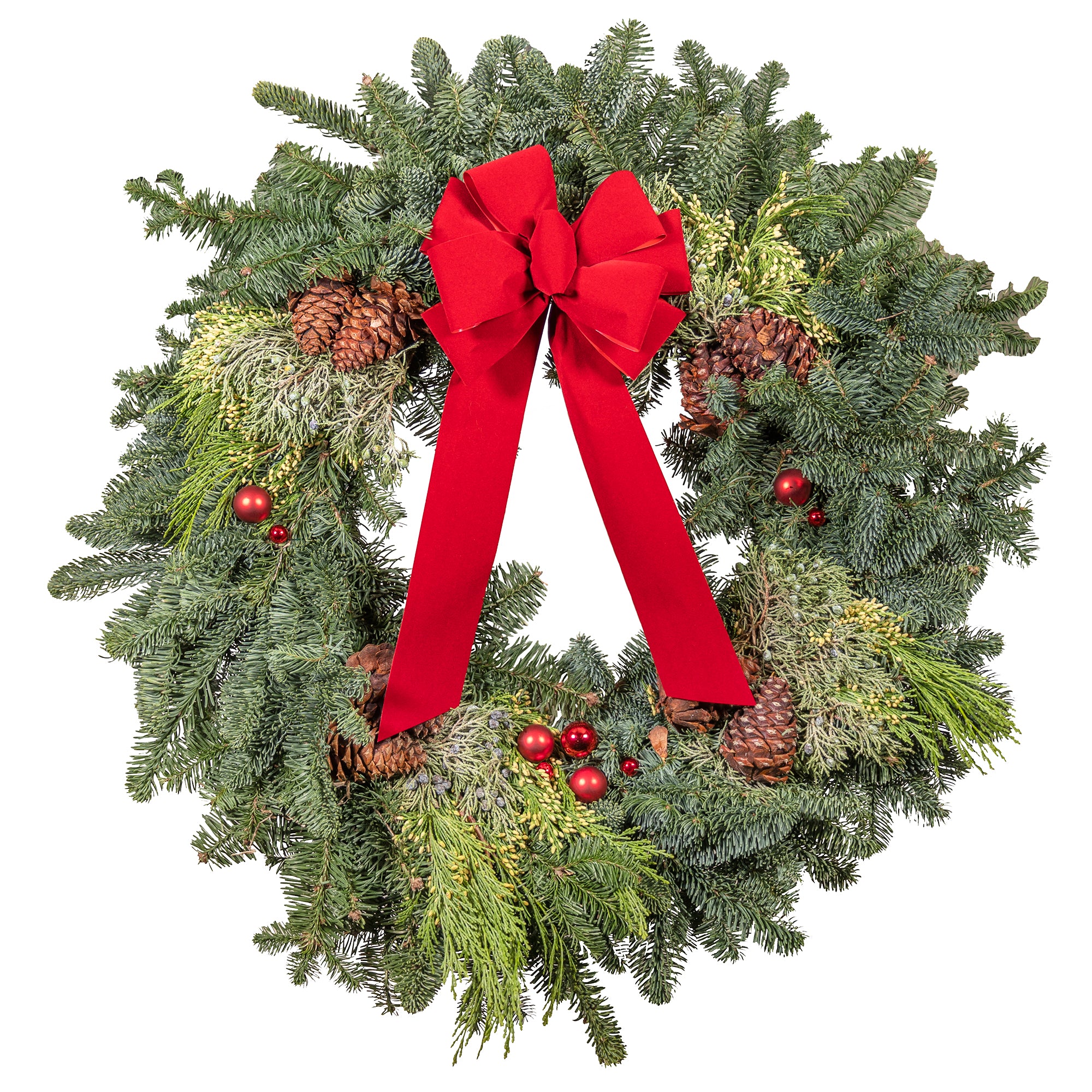 Garden Elements Fresh Christmas Live Noble Fir Wreath with Bow & Accessories, Red, 24"