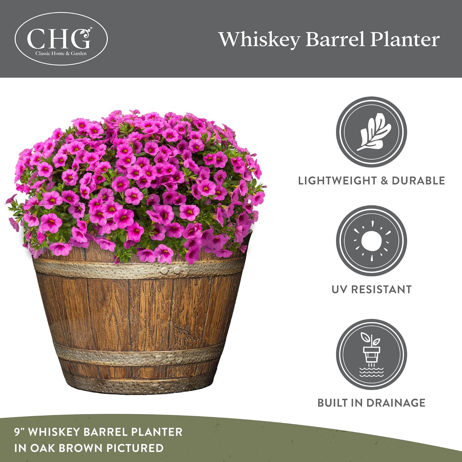 Classic Home and Garden Whiskey Resin Flower Pot Barrel Planter