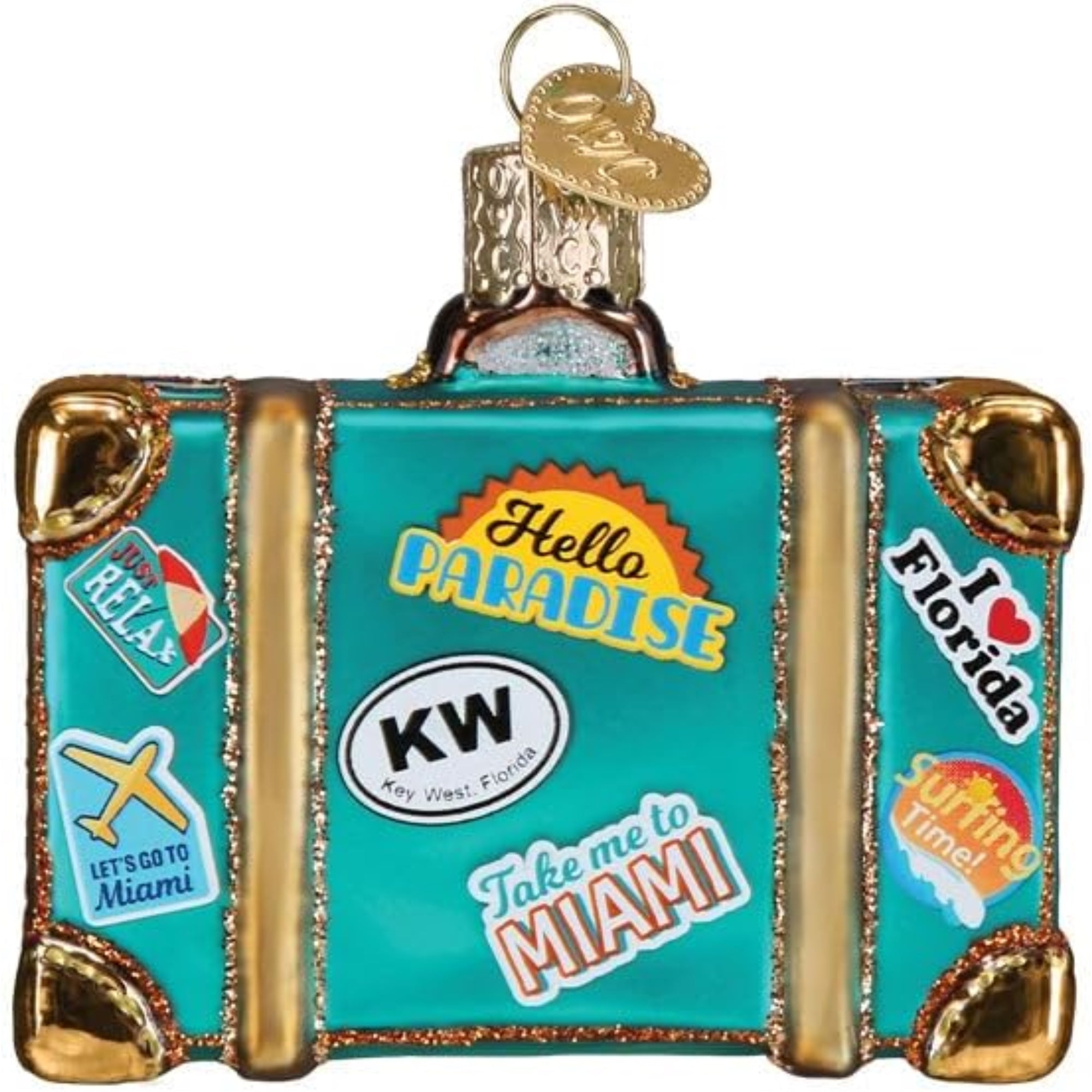 Old World Christmas Blown Glass Ornament for Christmas Tree, Miami Suitcase (with OWC Gift Box)
