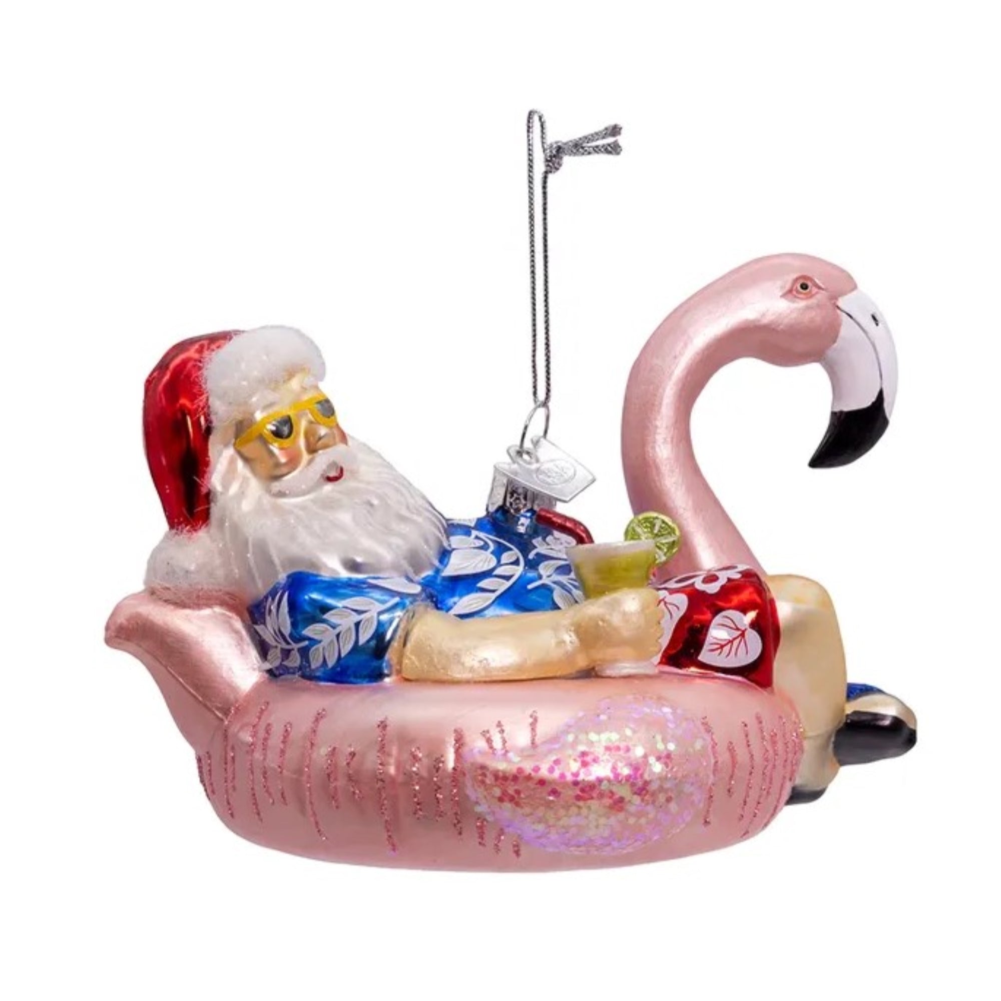Kurt Adler Nobel Gems Glass Christmas Ornament, Santa in Flamingo Pool Float