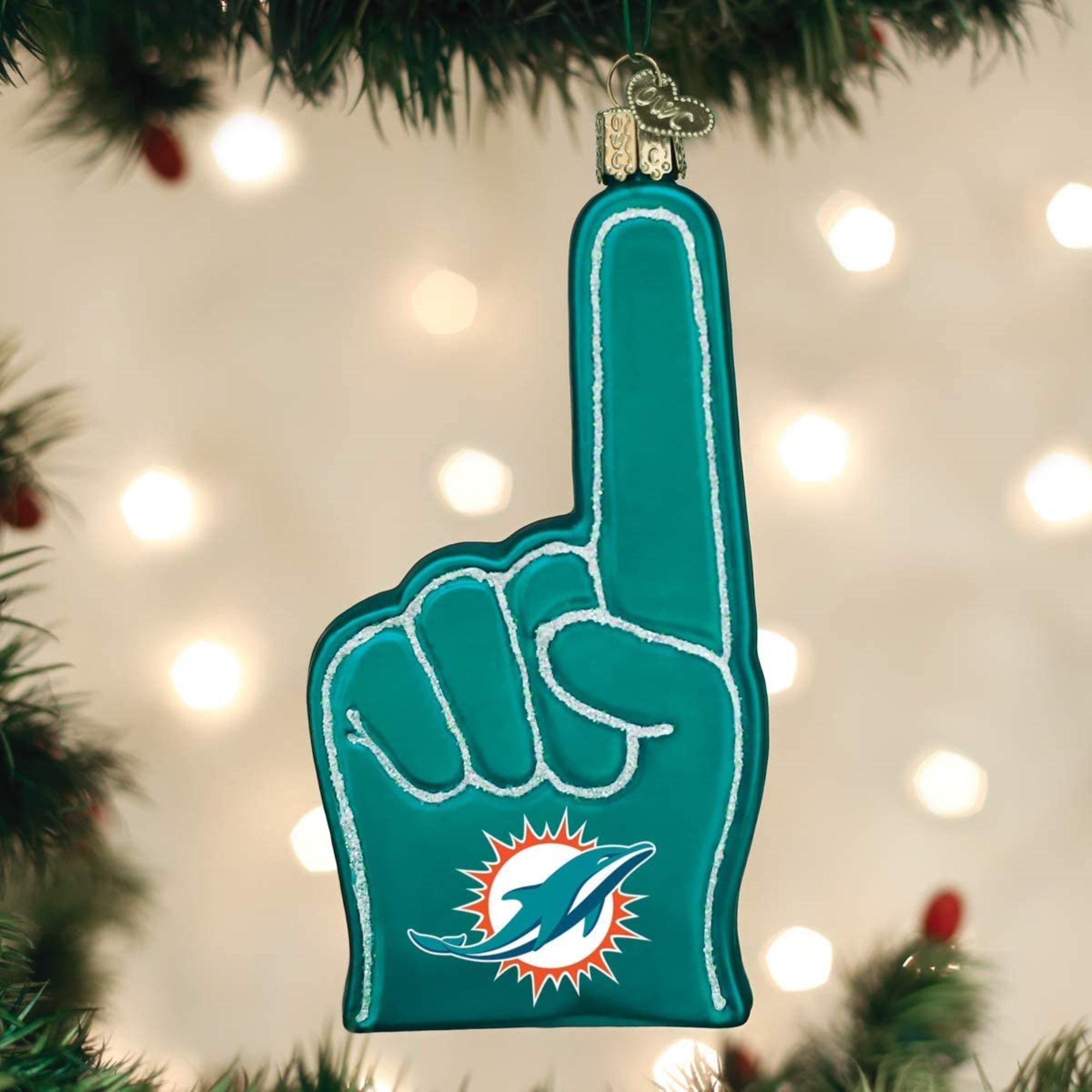 Old World Christmas Blown Glass Ornament for Christmas Tree, Miami Dolphins Foam Finger