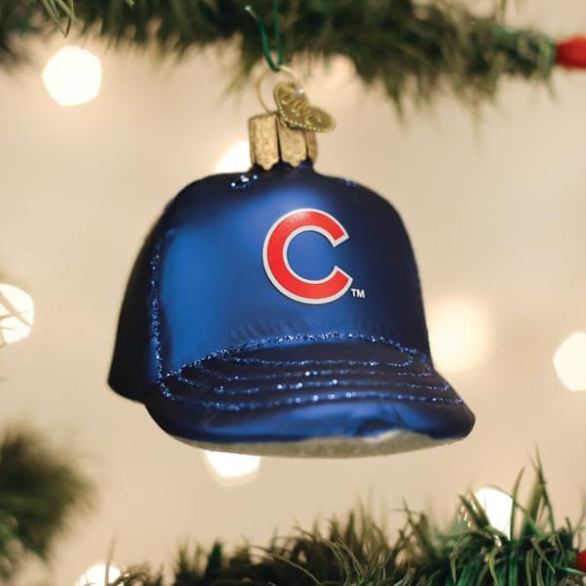 Old World Christmas Blown Glass Ornament for Christmas Tree, Chicago Cubs Baseball Cap (with OWC Gift Box)