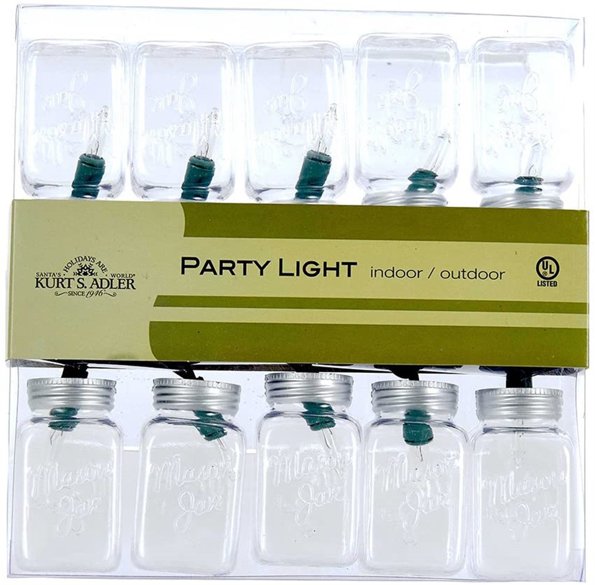 Kurt Adler Indoor/Outdoor Novelty String 10-Light Set, Clear Mason Jars, 11.5'