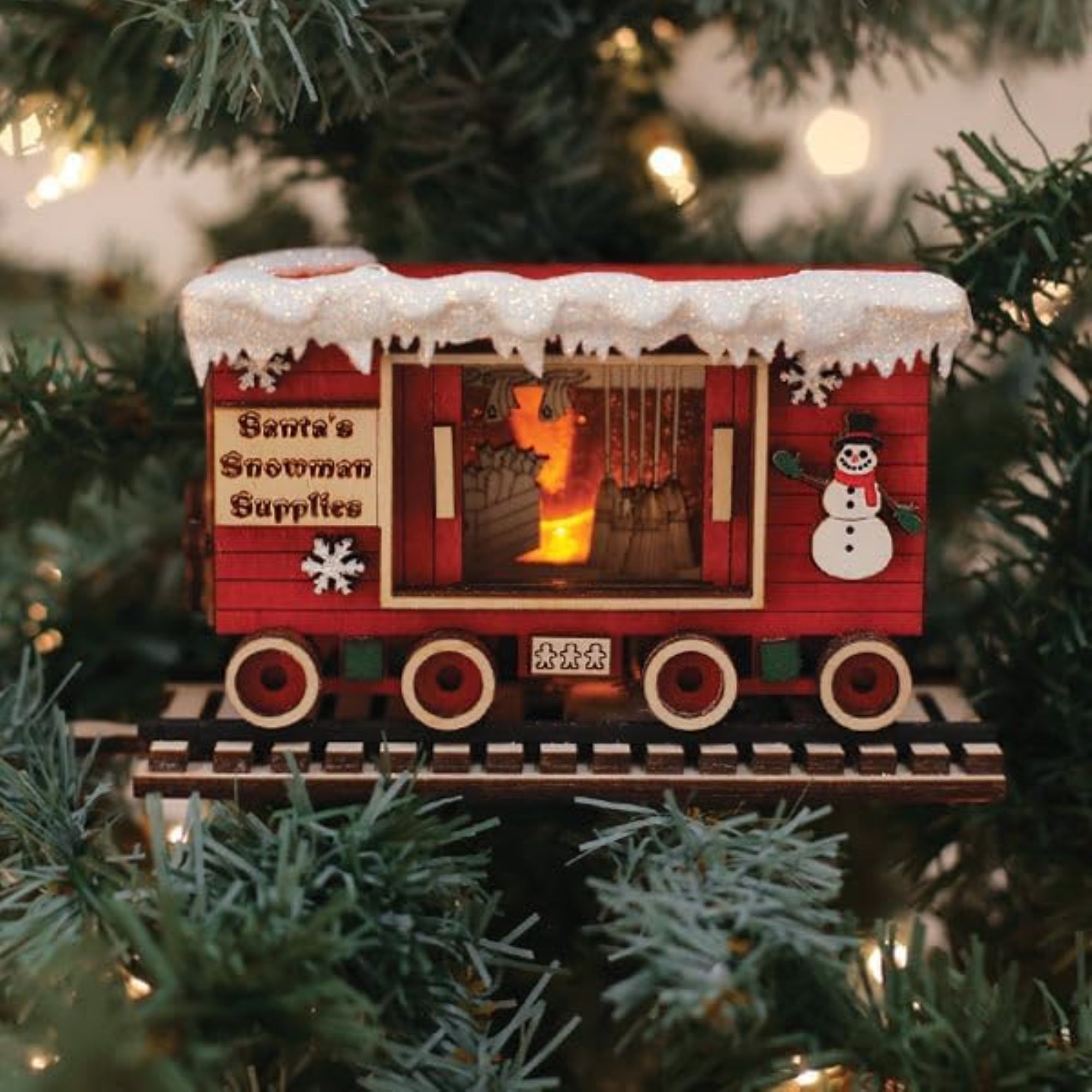 Old World Christmas Wooden Ginger Cottages Ornament, Snowman Box Car