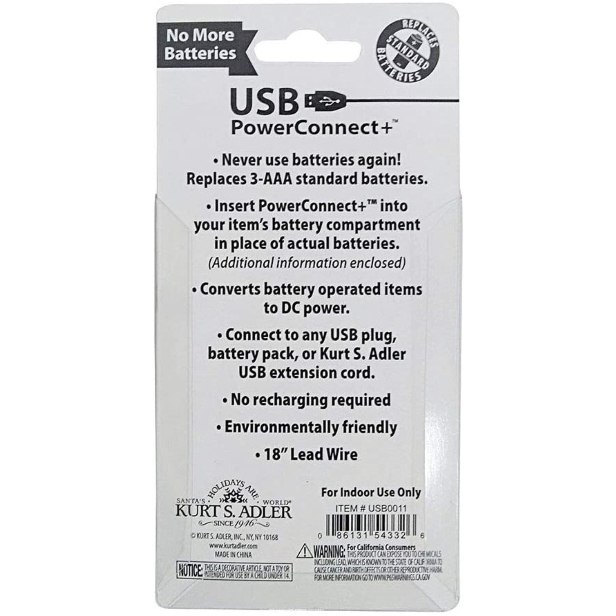 Kurt Adler USB PowerConnect Converter+ Pack - Replaces 3 AAA Batteries