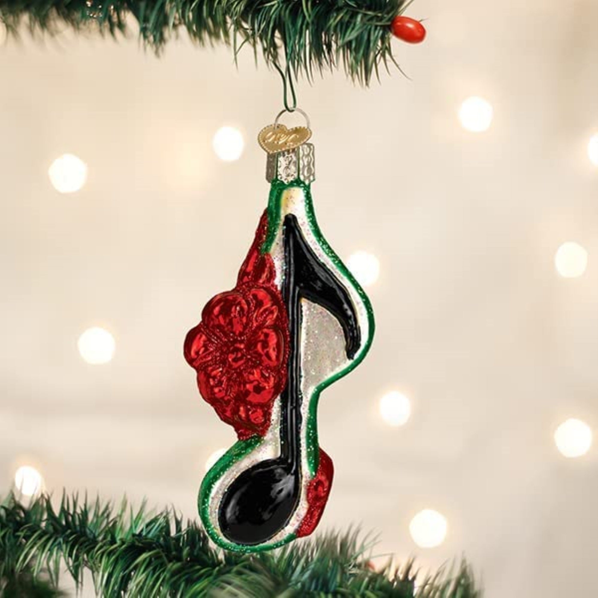 Old World Christmas Blown Glass Ornament for Christmas Tree, Musical Note with Red Bow