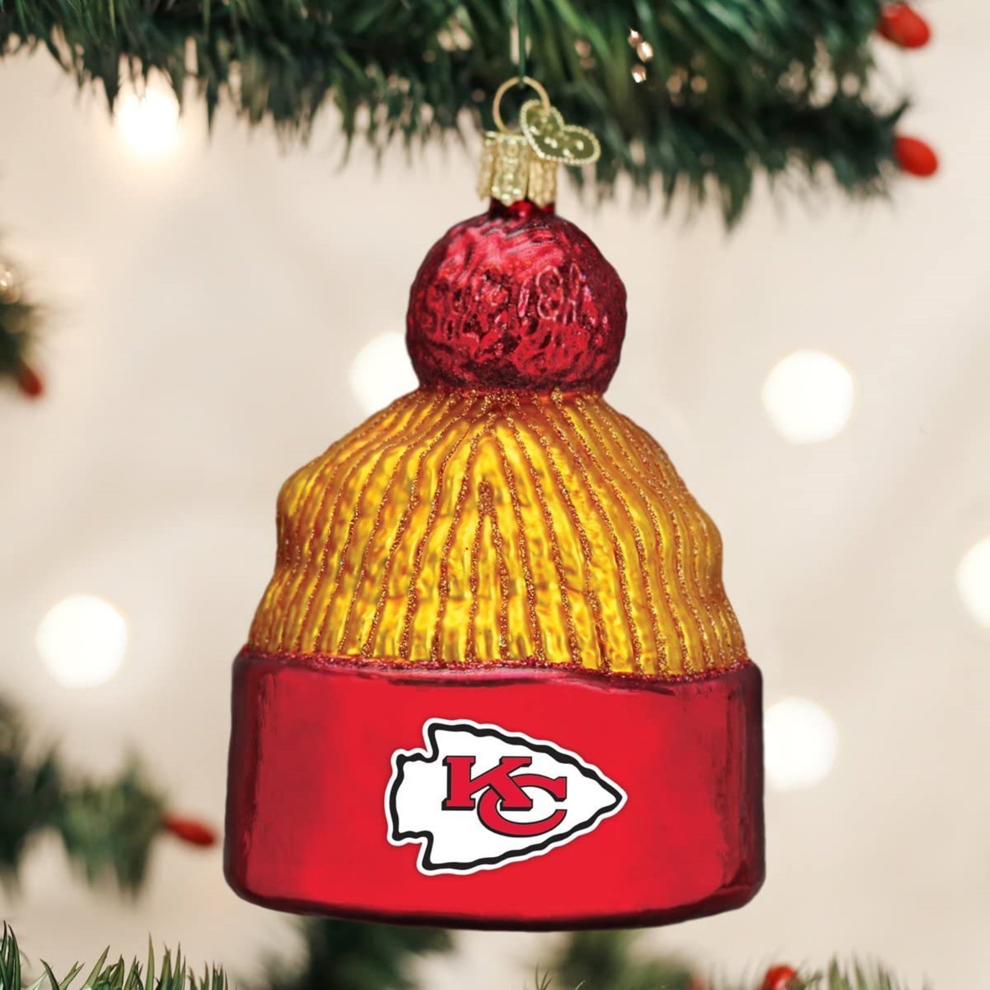 Old World Christmas Blown Glass Ornament for Christmas Tree, Kansas City Chiefs Beanie