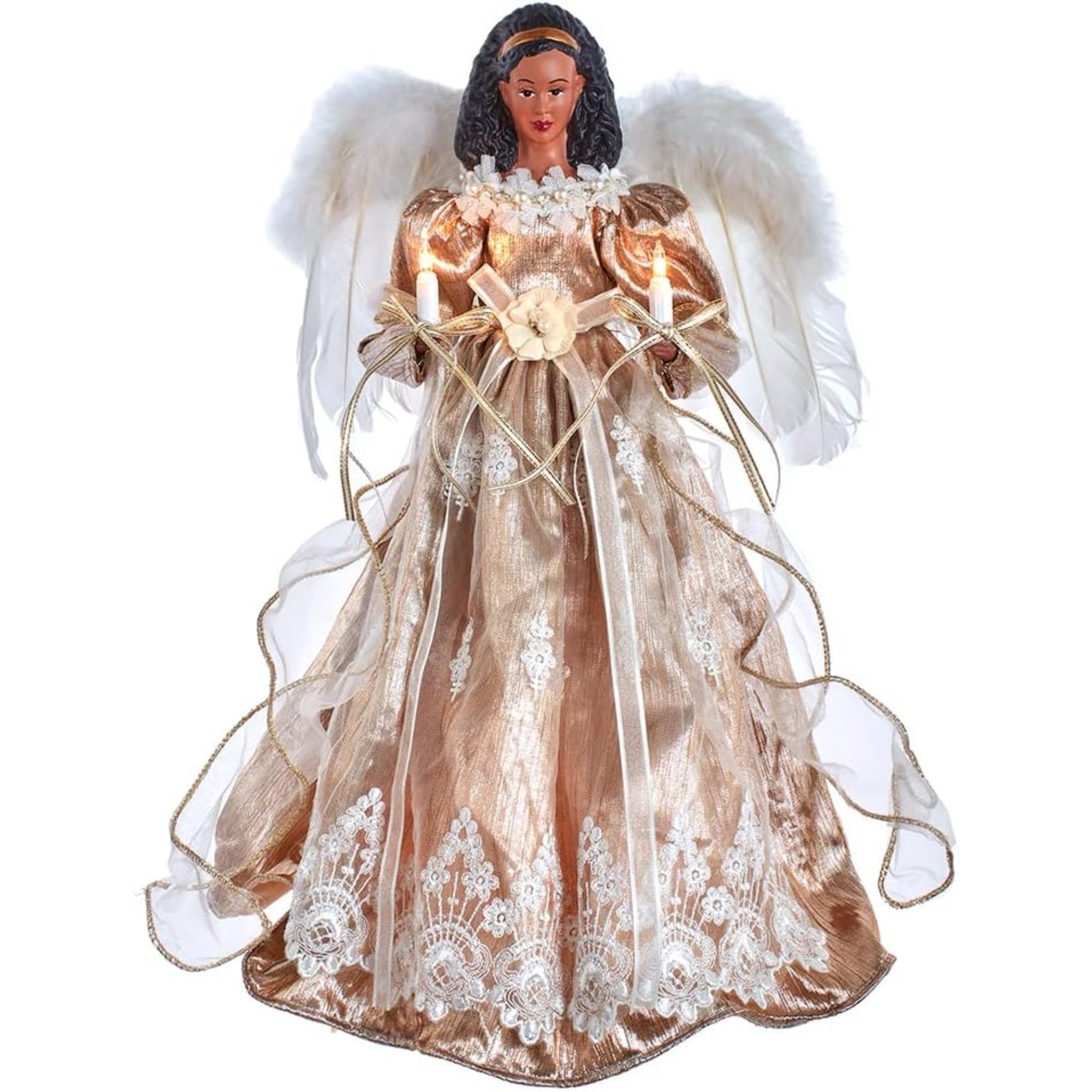 Kurt Adler UL 10-Light White & Rose Gold African American Angel Treetop, 16"