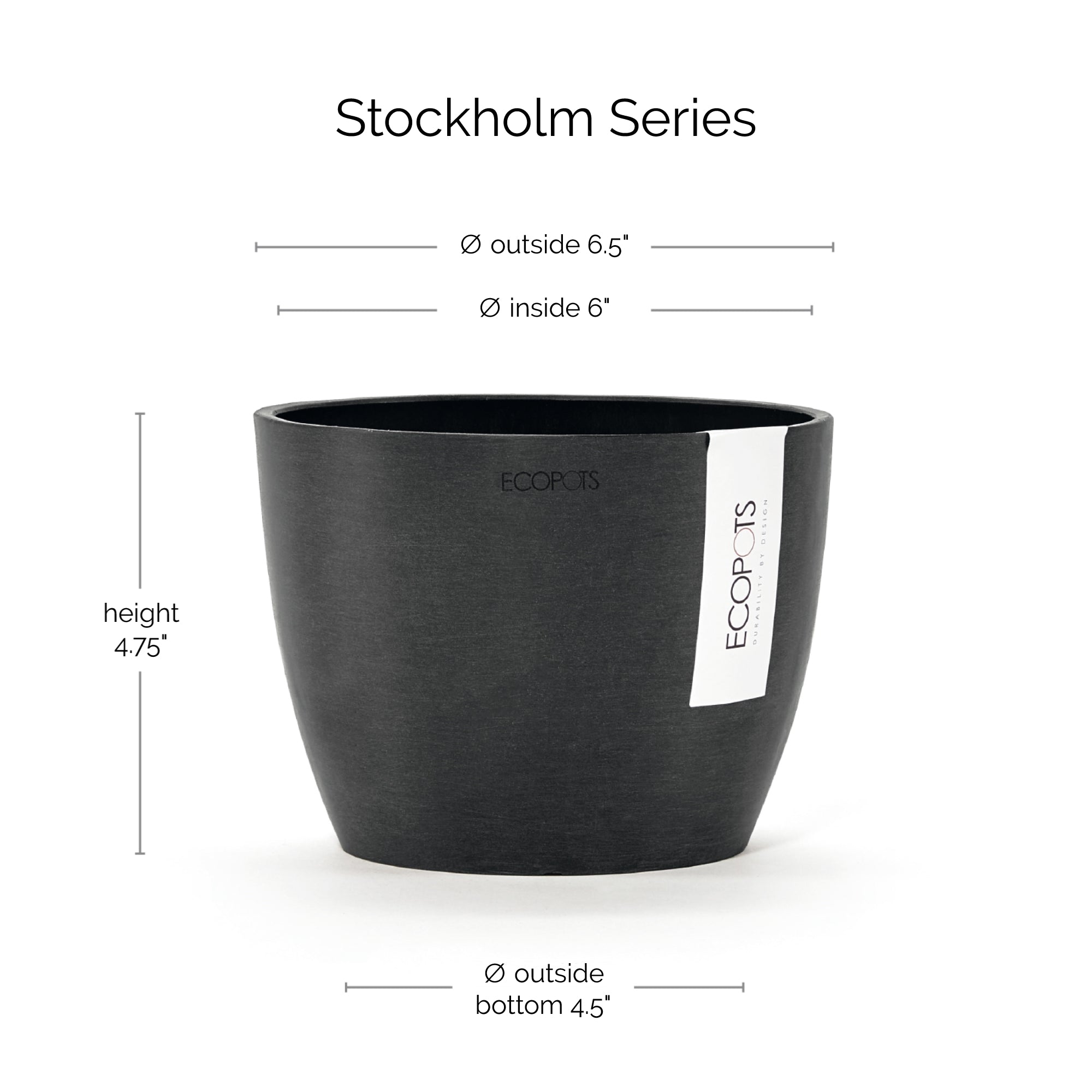 Ecopots Stockholm Mini Durable Modern Round Indoor/Outdoor Recycled-Based Composite Flower Pot Planter, 6"