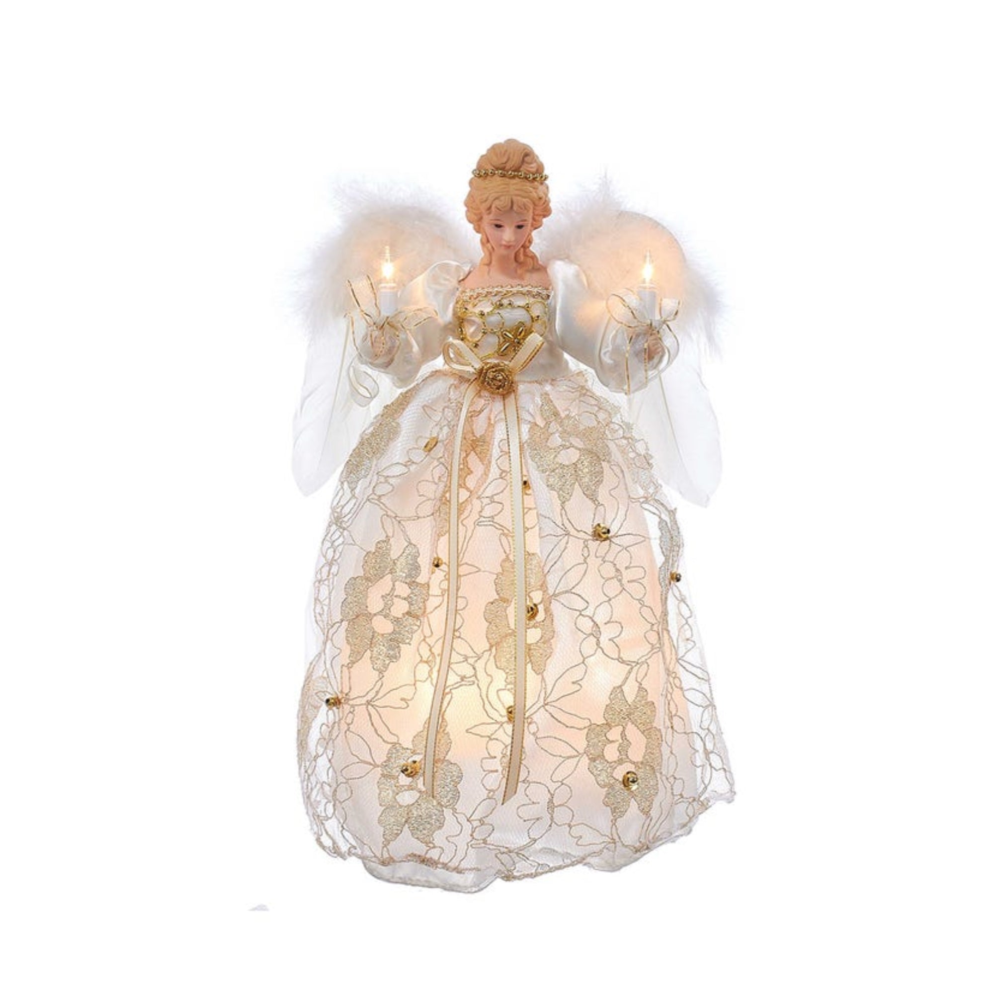 Kurt Adler 10-Light Angel Christmas Tree Topper, Ivory and Gold, 12"