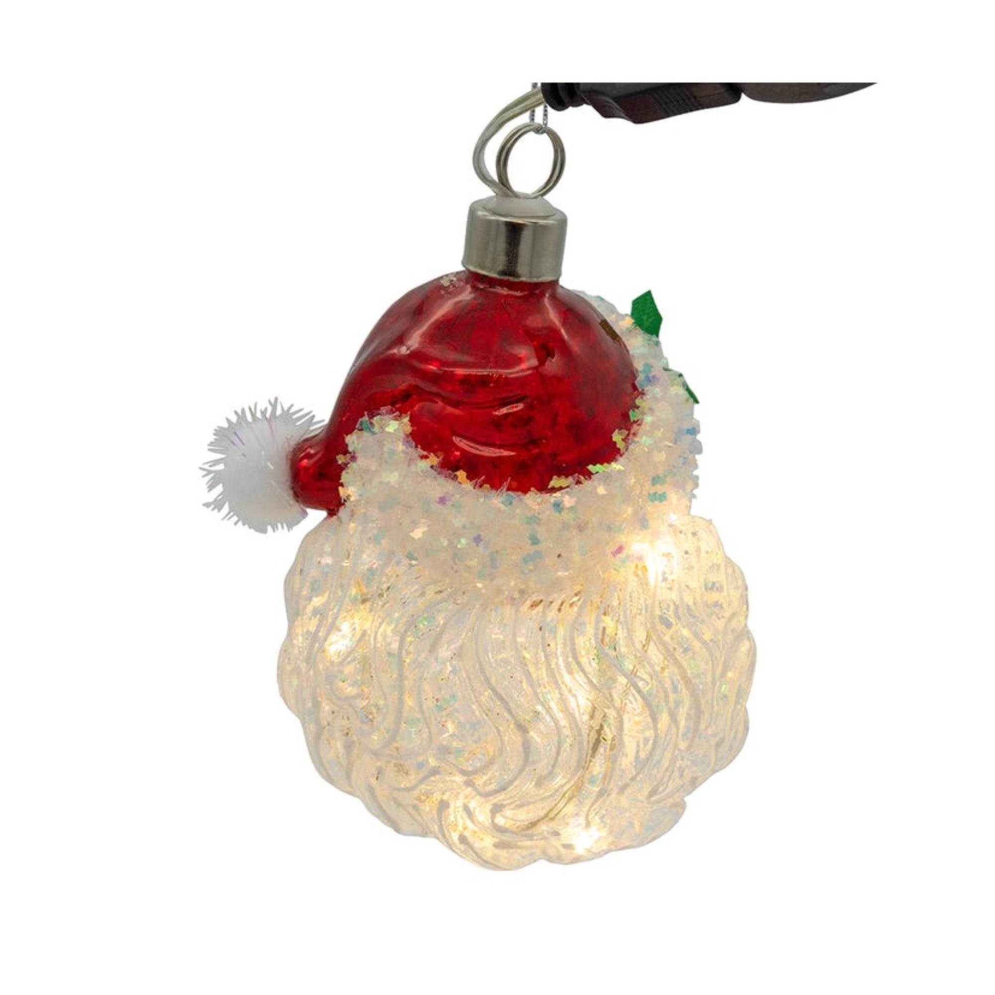 Kurt Adler Pre-lit Hanging Glass Ornament, Warm White LED's, USB-Powered Santa Head