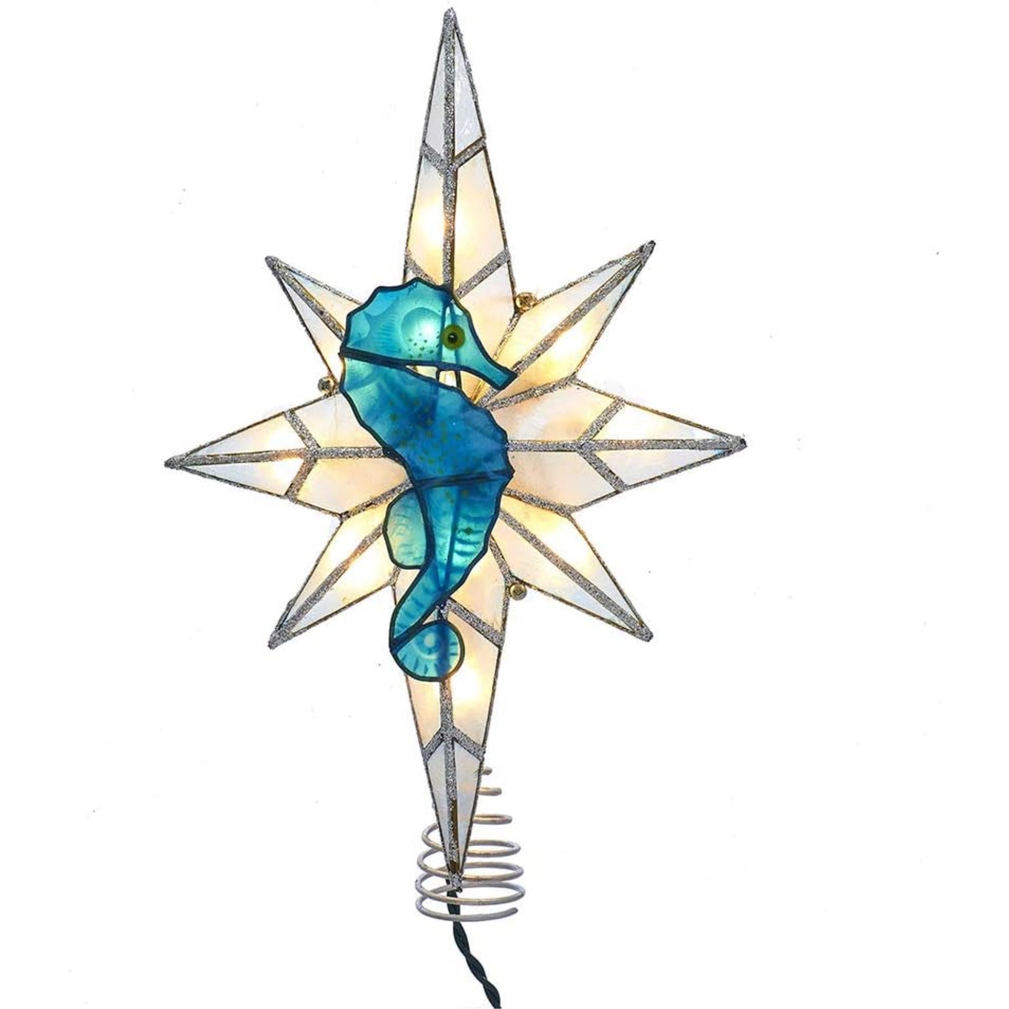 Kurt Adler 8-Point Illuminated Capiz Shell Bethlehem Star with Seahorse Treetop, 10 Incandescent Lights, 11.4"