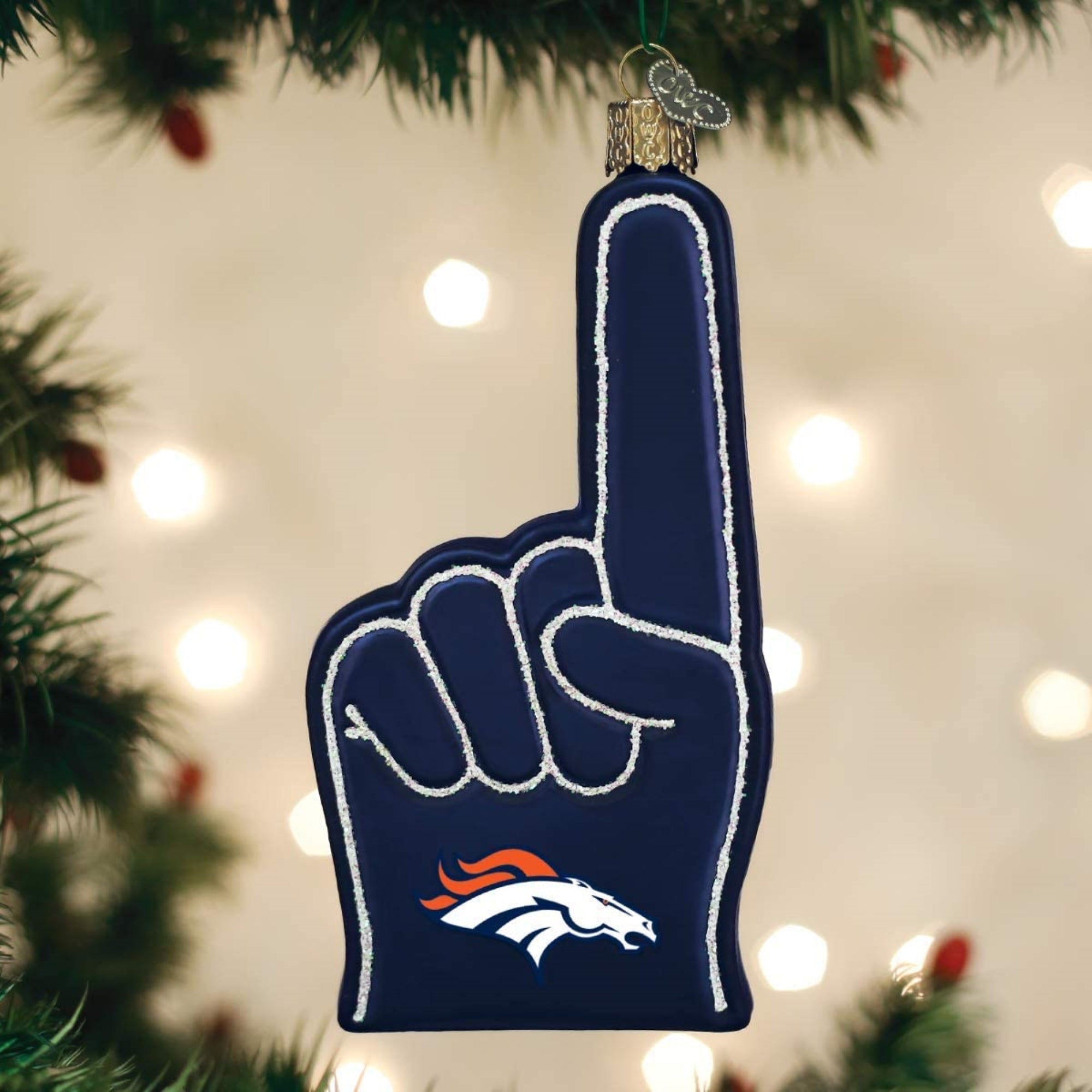 Old World Christmas Blown Glass Ornament for Christmas Tree, Denver Broncos Foam Finger