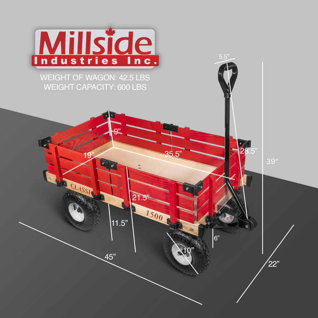 Millside Industries Classic Wood Wagon Cart with Removable Wooden Side Racks and Pneumatic Tires for Outdoor Hauling, Red, 20" x 38"