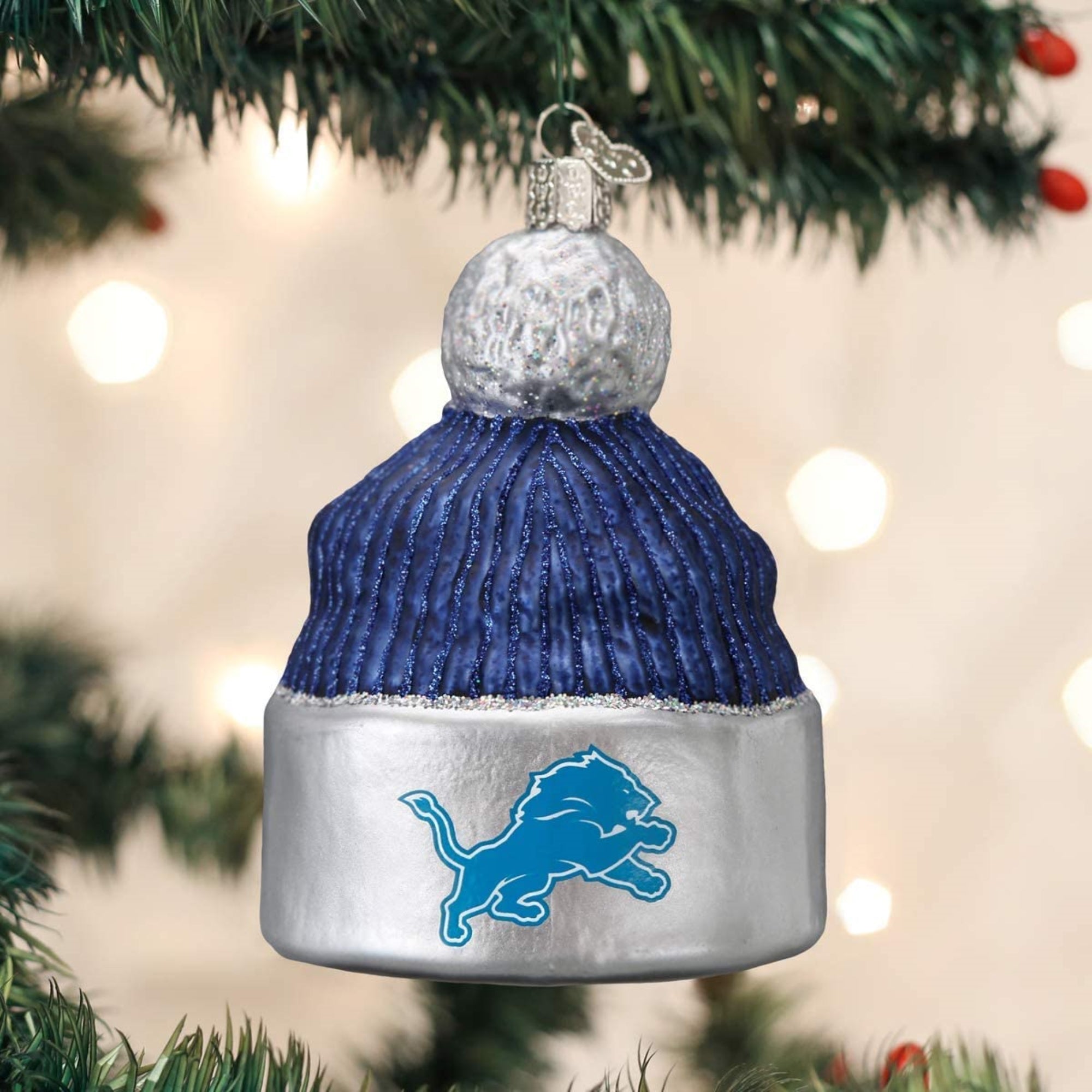 Old World Christmas Blown Glass Ornament for Christmas Tree, Detroit Lions Beanie