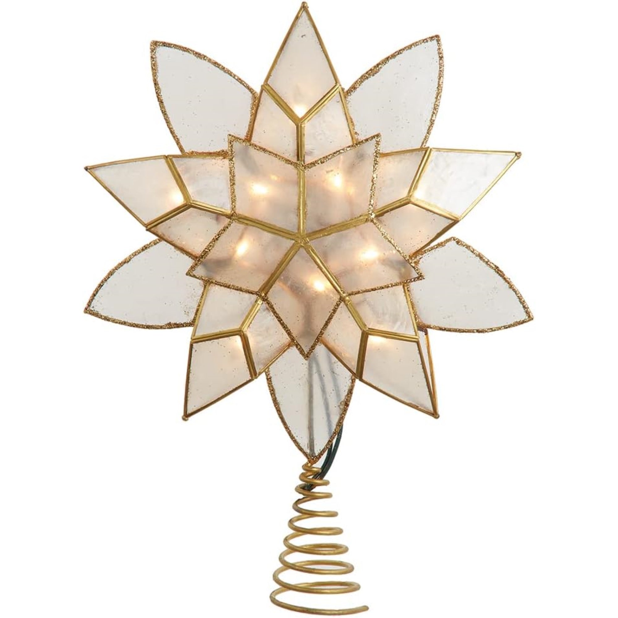 Kurt Adler 5-Point Multi-Layered, Illuminated Capiz Shell Star for Indoor Christmas Treetop, 10 Incandescent Warm White Lights, Gold, 11.75"