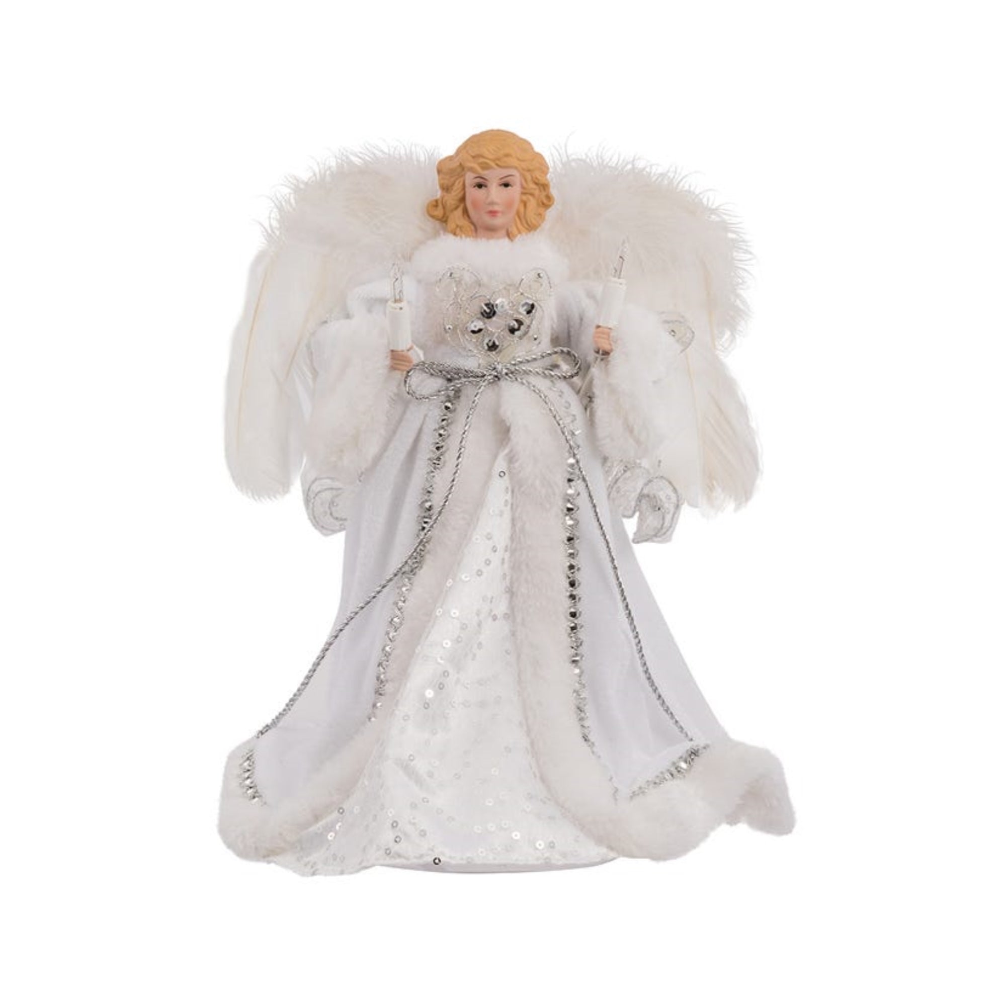 Kurt Adler 10-Light Angel Tree Topper, White and Silver, 12"